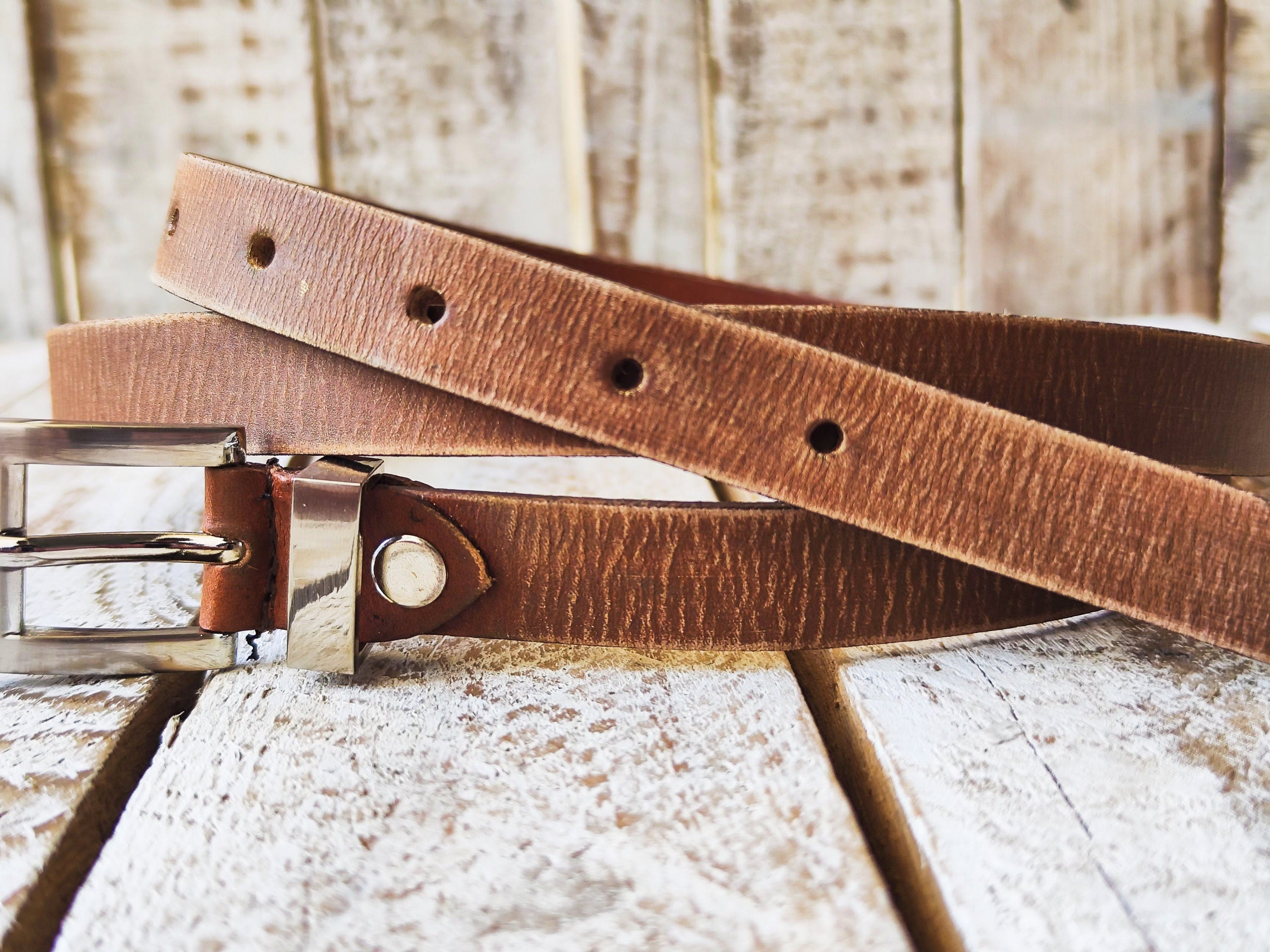 Handmade Brown Narrow Leather Belt with Silver Buckle - Stylish Accessory for Men or Women