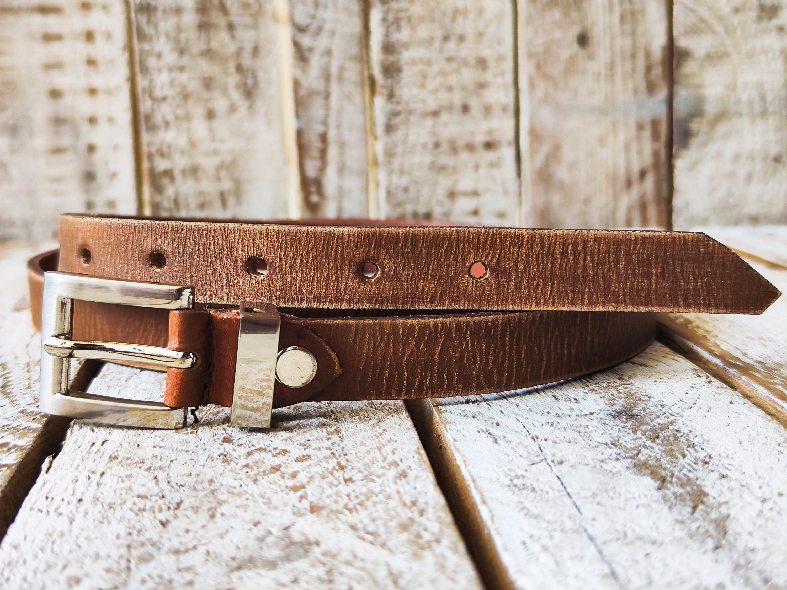 Handmade Brown Narrow Leather Belt with Silver Buckle - Stylish Accessory for Men or Women