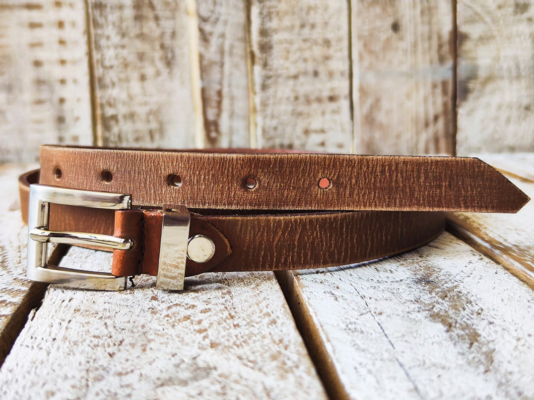 Handcrafted Brown Leather Belt with Silver Buckle - Stylish Unisex Accessory for Men and Women