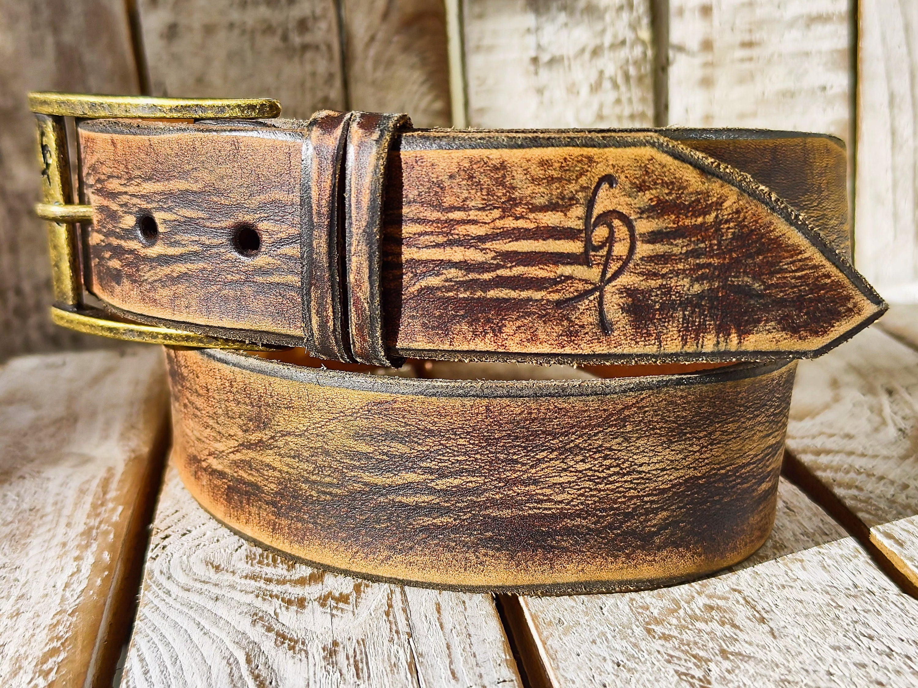 Ishaor Vintage Brown Leather Cowboy Belt - Handmade Western Style 42cm width - High Quality Distressed Leather