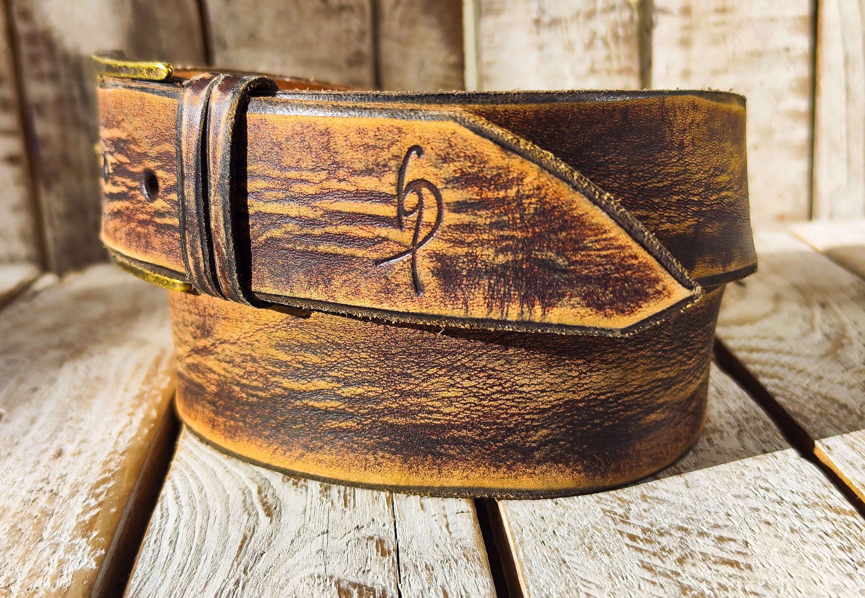 Ishaor Vintage Brown Leather Cowboy Belt - Handmade Western Style 42cm width - High Quality Distressed Leather