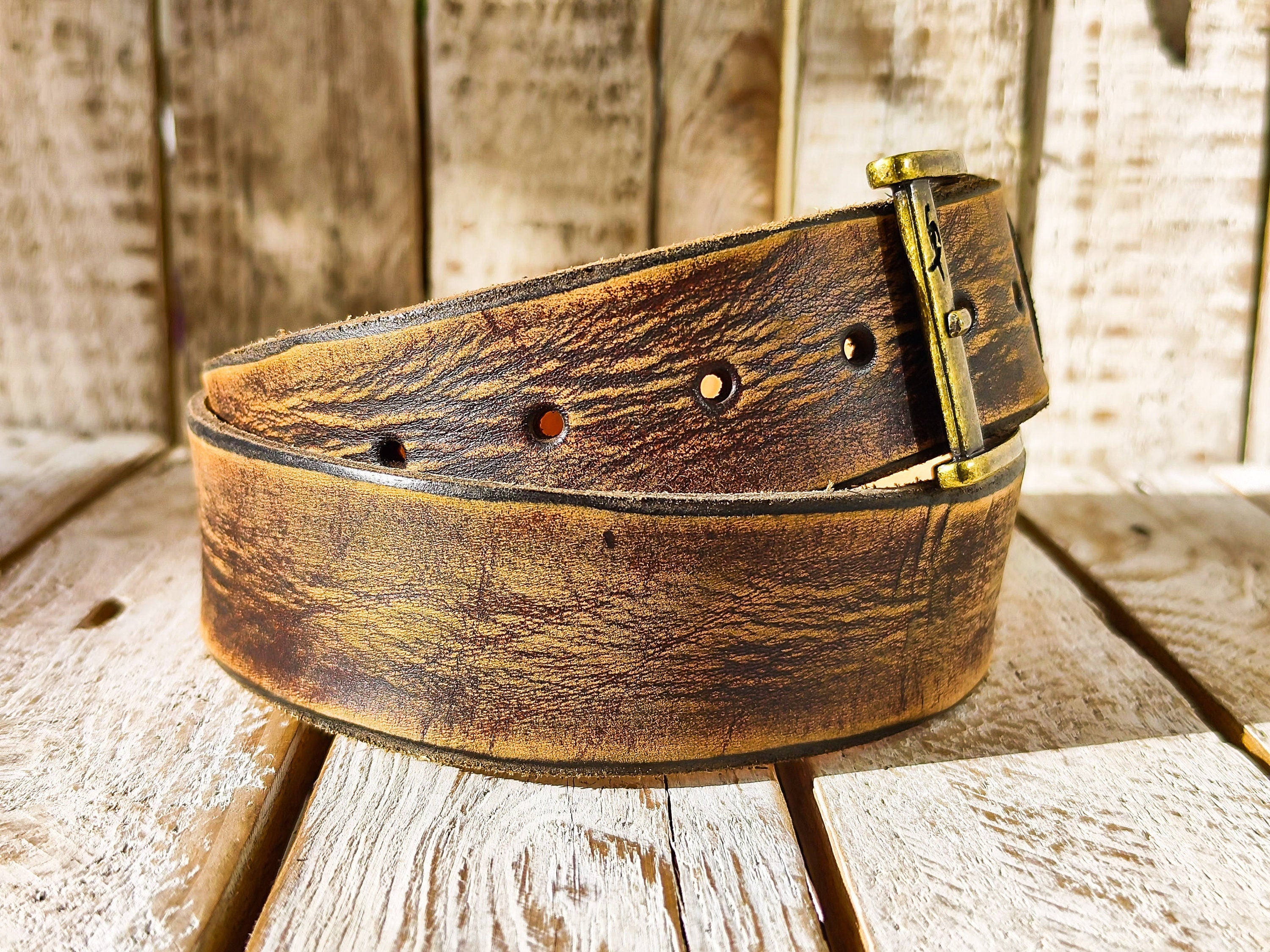 Ishaor Vintage Brown Leather Cowboy Belt, Handmade 4.2cm Western style. High quality Distressed leather