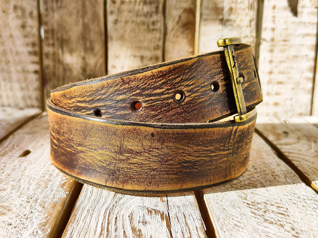 Ishaor Vintage Brown Leather Cowboy Belt - Handmade Western Style 42cm width - High Quality Distressed Leather