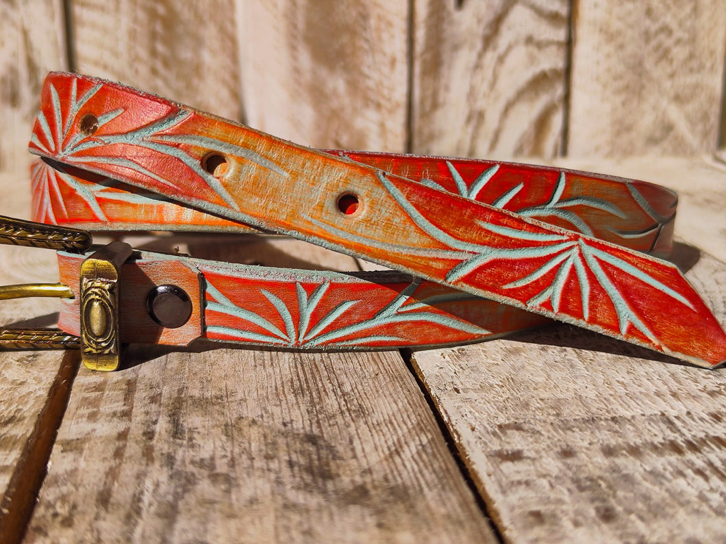 Ishaor Handmade Leather Chic Belt for Women's Flowers in Light Blue & Orange | Spring Fashion , 2cm narrow belt