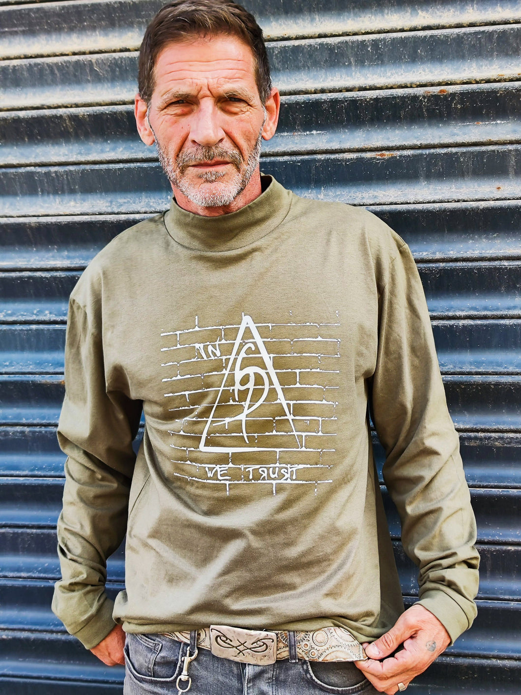ISHAOR Olive Green Long Sleeve Tee - 100 Cotton Half-Turtle Neck with Original Print - Stylish Shirt for Jeans