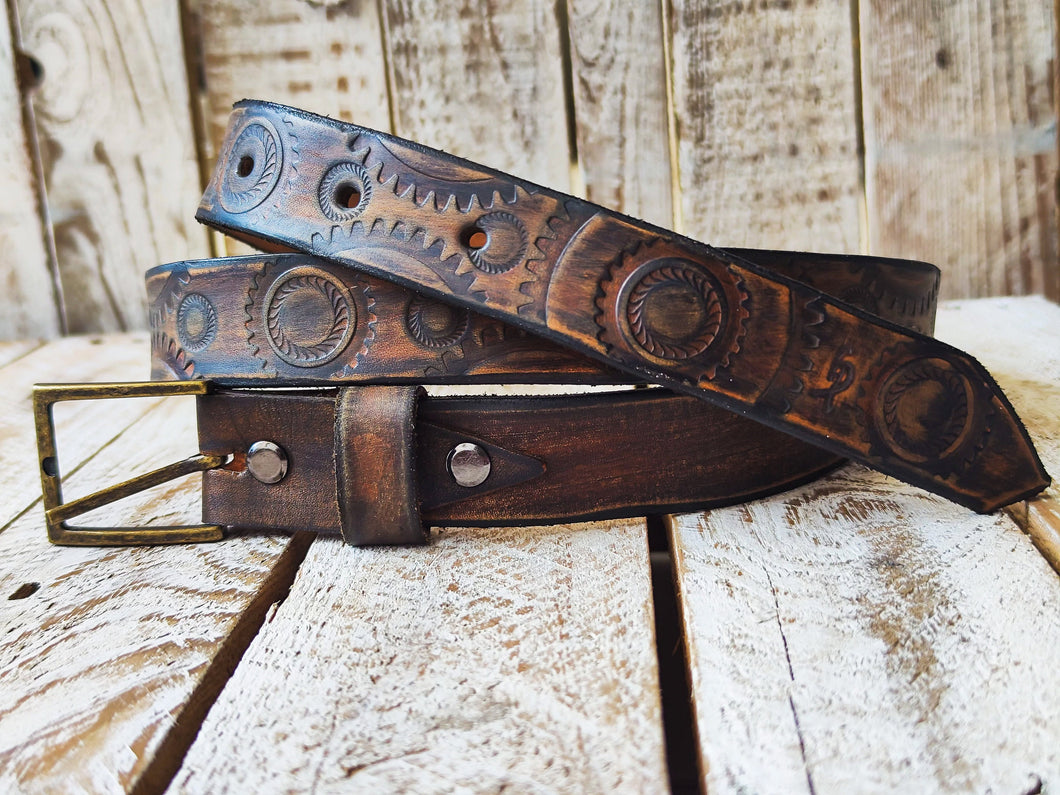 Handmade Rugged Leather Belt for Bikers - Vintage Brown Motorcycle Gear Stamps - Personalized Gift