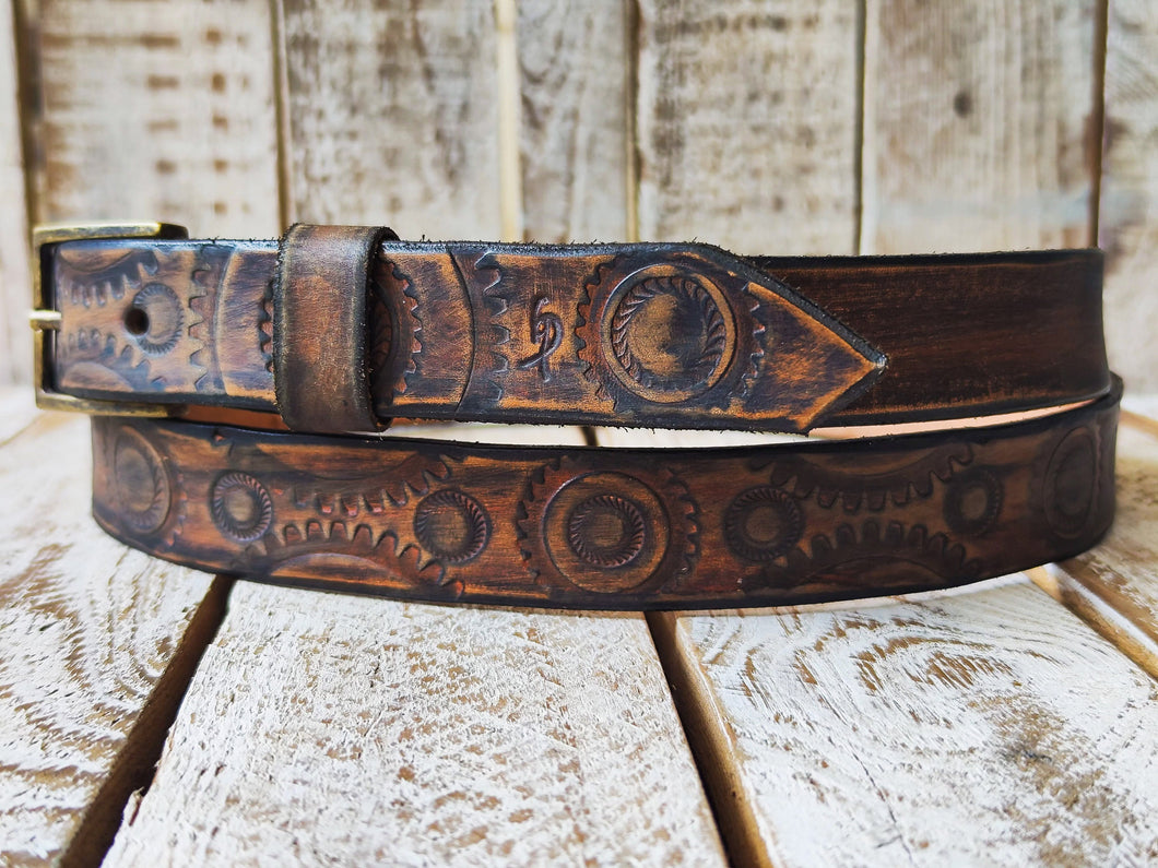 Handmade Rugged Leather Belt for Bikers - Vintage Brown Motorcycle Gear Stamps - Personalized Gift