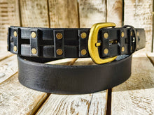 Handcrafted original Black Leather Studded Belt with Bronze Buckle and unique design by Ishaor