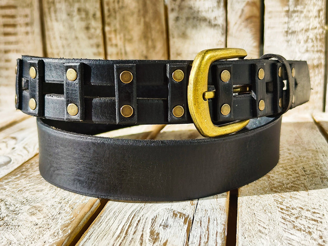 Handcrafted original Black Leather Studded Belt with Bronze Buckle and unique design by Ishaor
