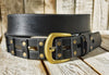 Handcrafted original Black Leather Studded Belt with Bronze Buckle and unique design by Ishaor