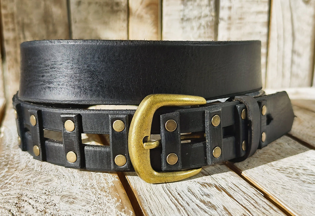 Handcrafted original Black Leather Studded Belt with Bronze Buckle and unique design by Ishaor
