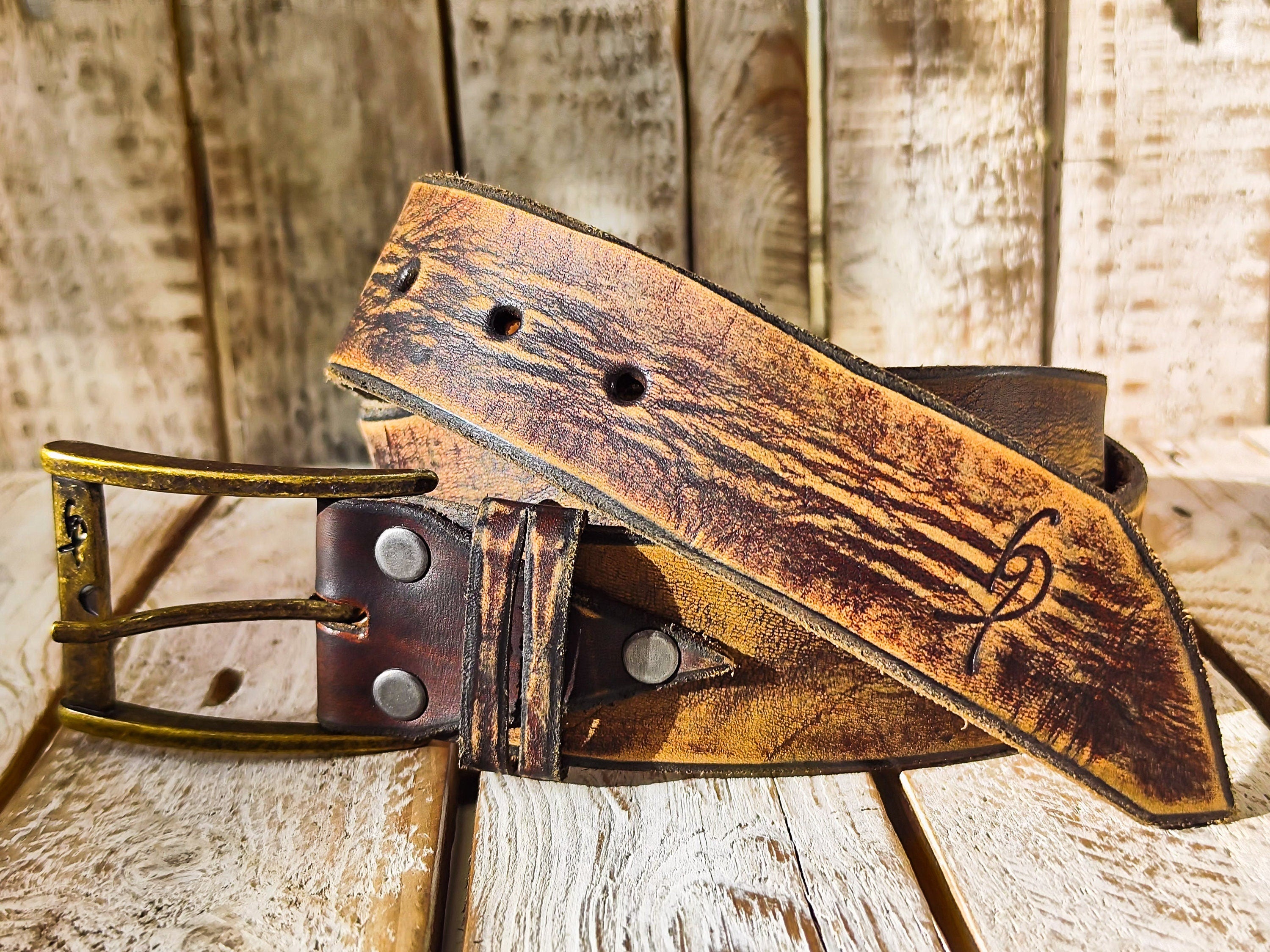 Ishaor Vintage Brown Leather Cowboy Belt - Handmade Western Style 42cm width - High Quality Distressed Leather