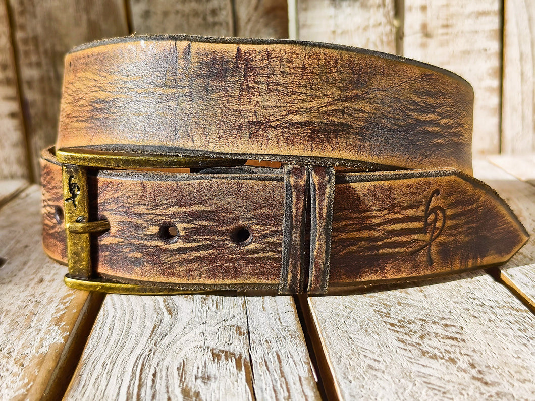 Ishaor Vintage Brown Leather Cowboy Belt - Handmade Western Style 42cm width - High Quality Distressed Leather