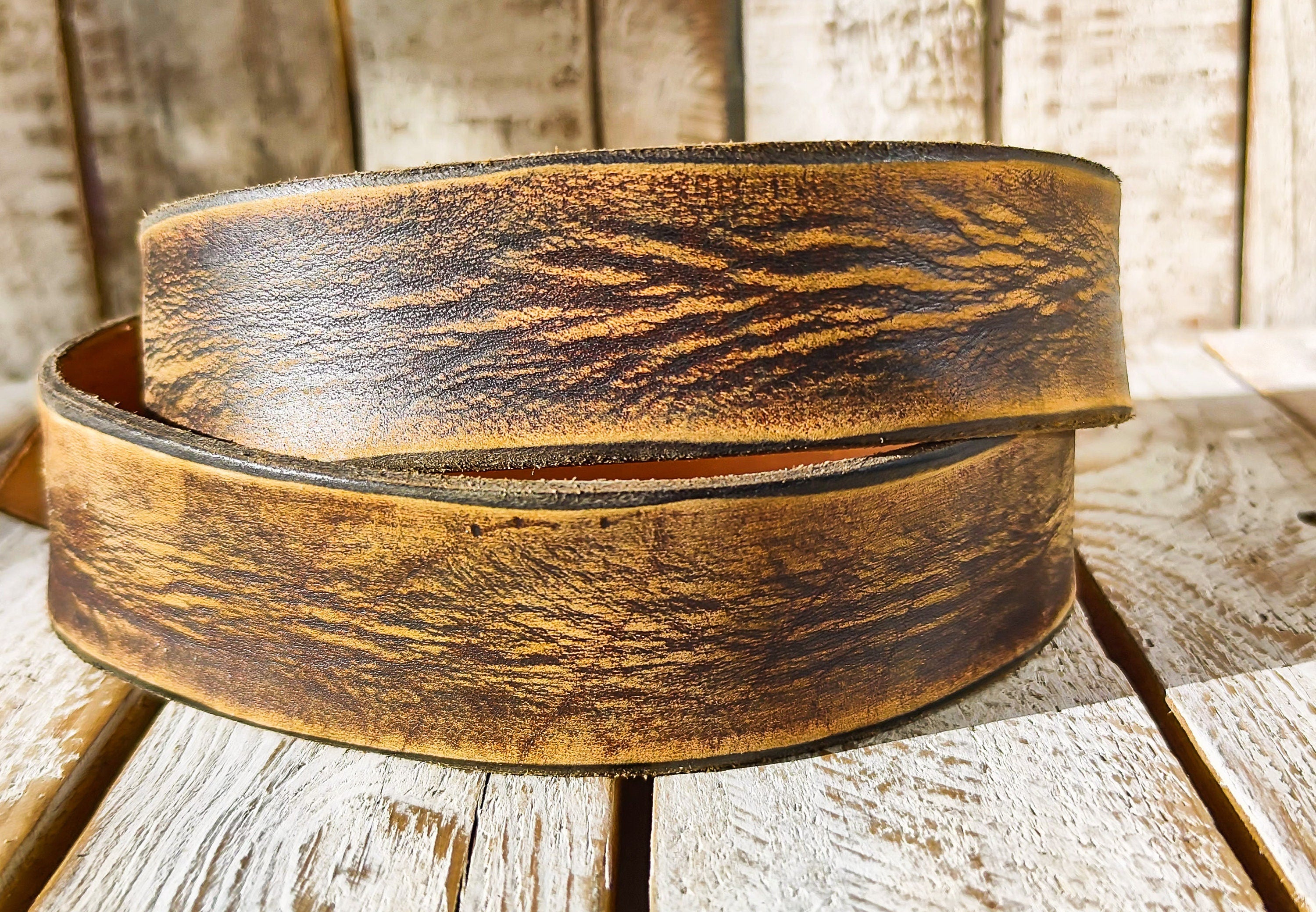 Ishaor Vintage Brown Leather Cowboy Belt - Handmade Western Style 42cm width - High Quality Distressed Leather