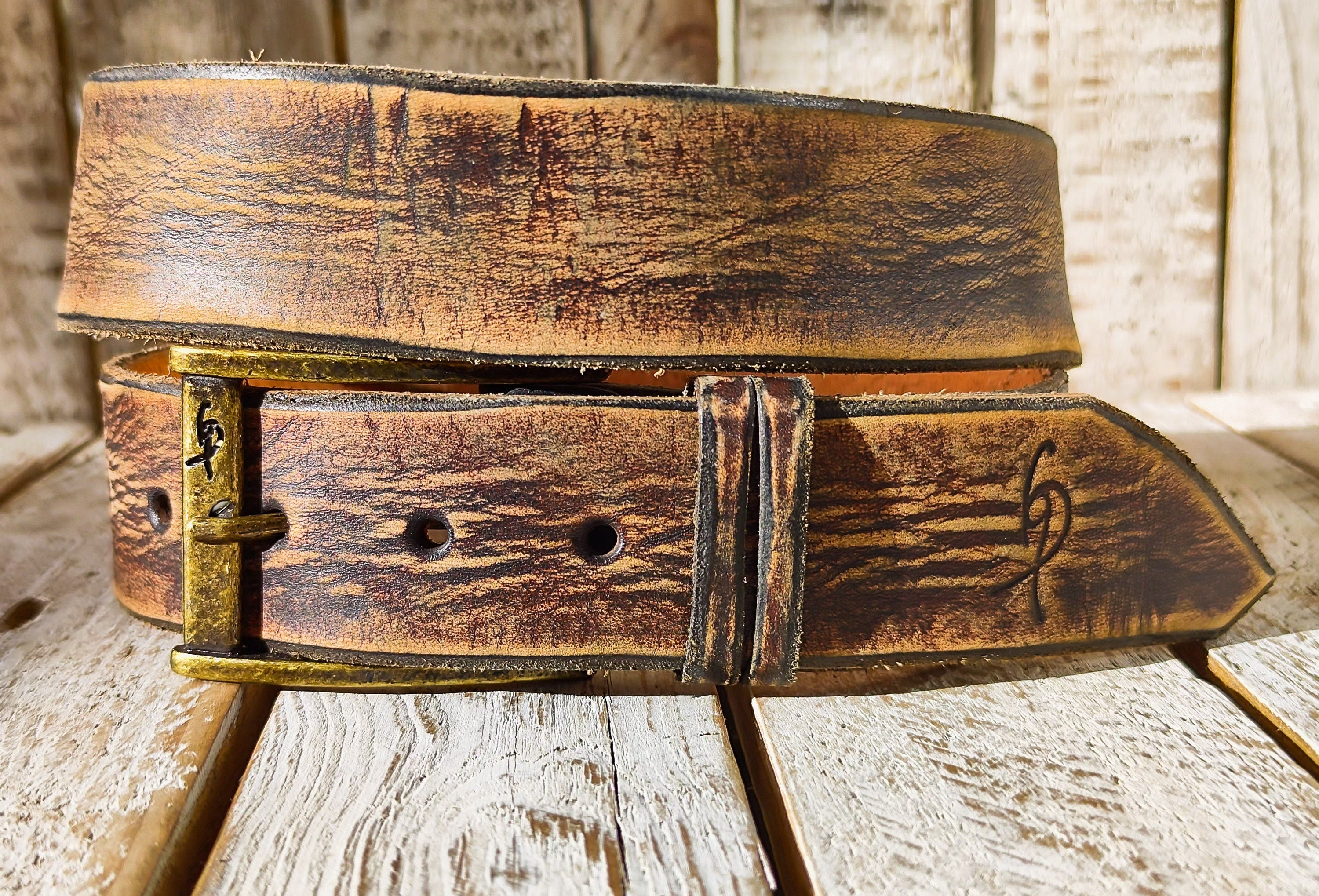 Ishaor Vintage Brown Leather Cowboy Belt, Handmade 4.2cm Western style. High quality Distressed leather