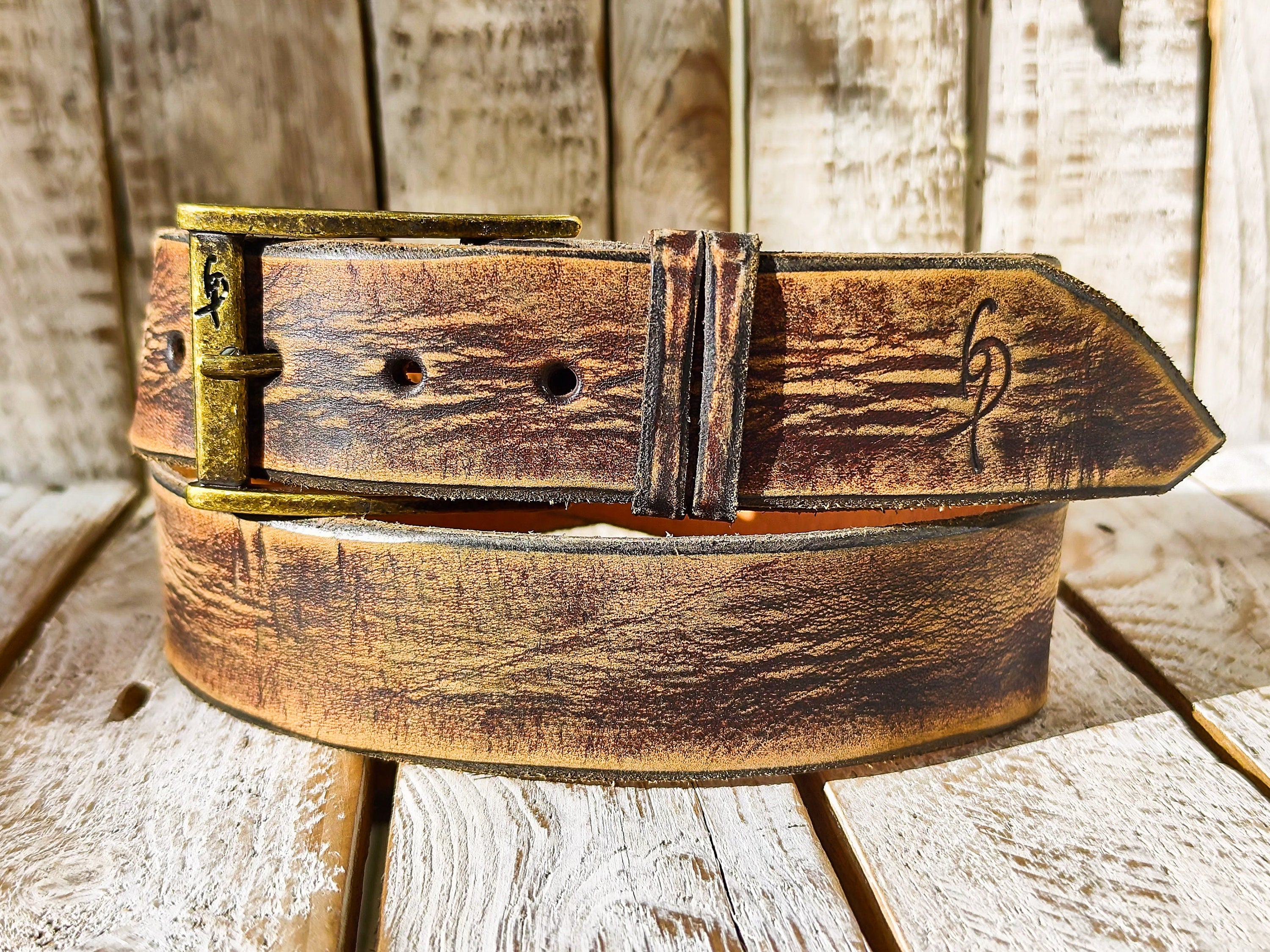 Ishaor Vintage Brown Leather Cowboy Belt, Handmade 4.2cm Western style. High quality Distressed leather