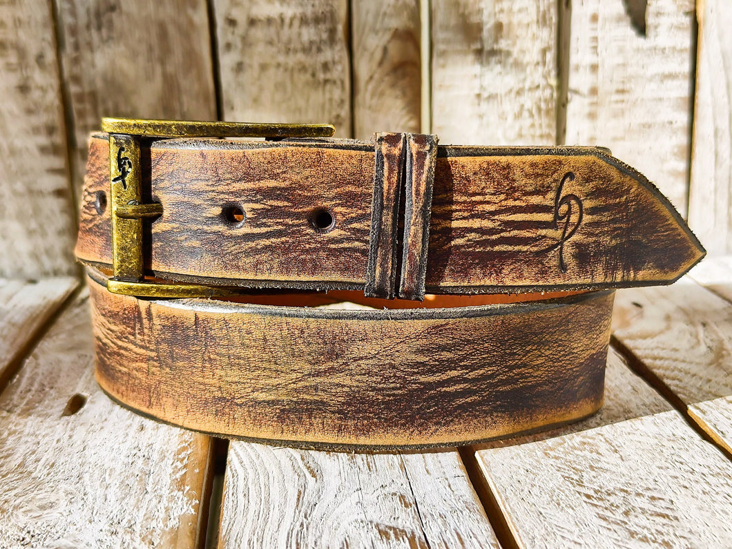 Ishaor Vintage Brown Leather Cowboy Belt - Handmade Western Style 42cm width - High Quality Distressed Leather