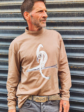 Light brown Long Sleeve Tee - Original Print by ISHAOR 100% Cotton ,Half-Turtle Neck Tee. stylish shirt to wear with jeans with ishaor bird