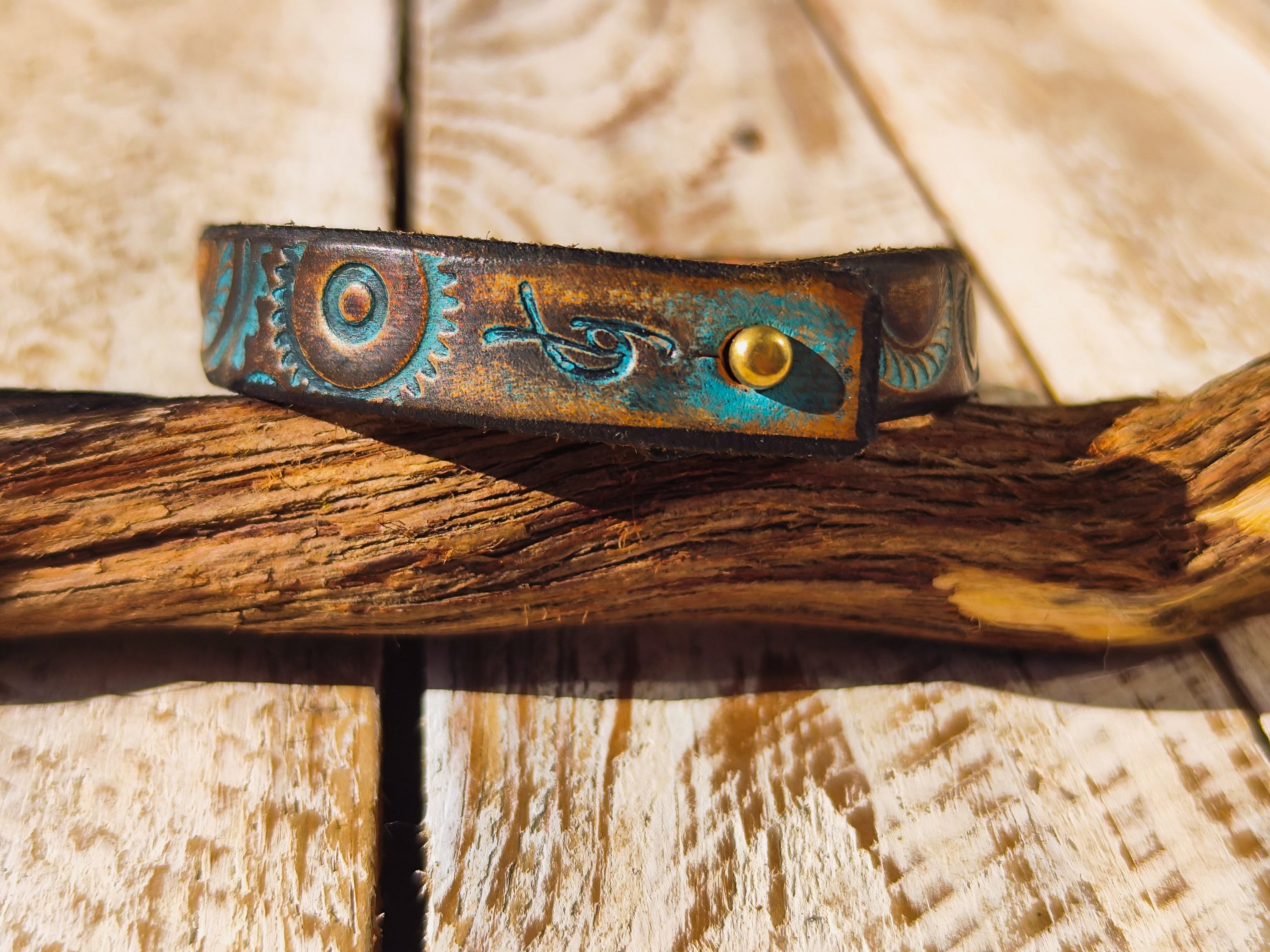 Handcrafted Leather Steampunk Bracelet with 15cm Motorcycle Gear Design in Brown and Turquoise by ISHAOR
