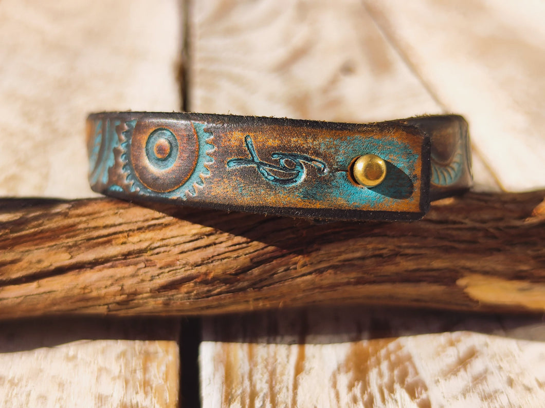 Handcrafted Leather Steampunk Bracelet with 15cm Motorcycle Gear Design in Brown and Turquoise by ISHAOR