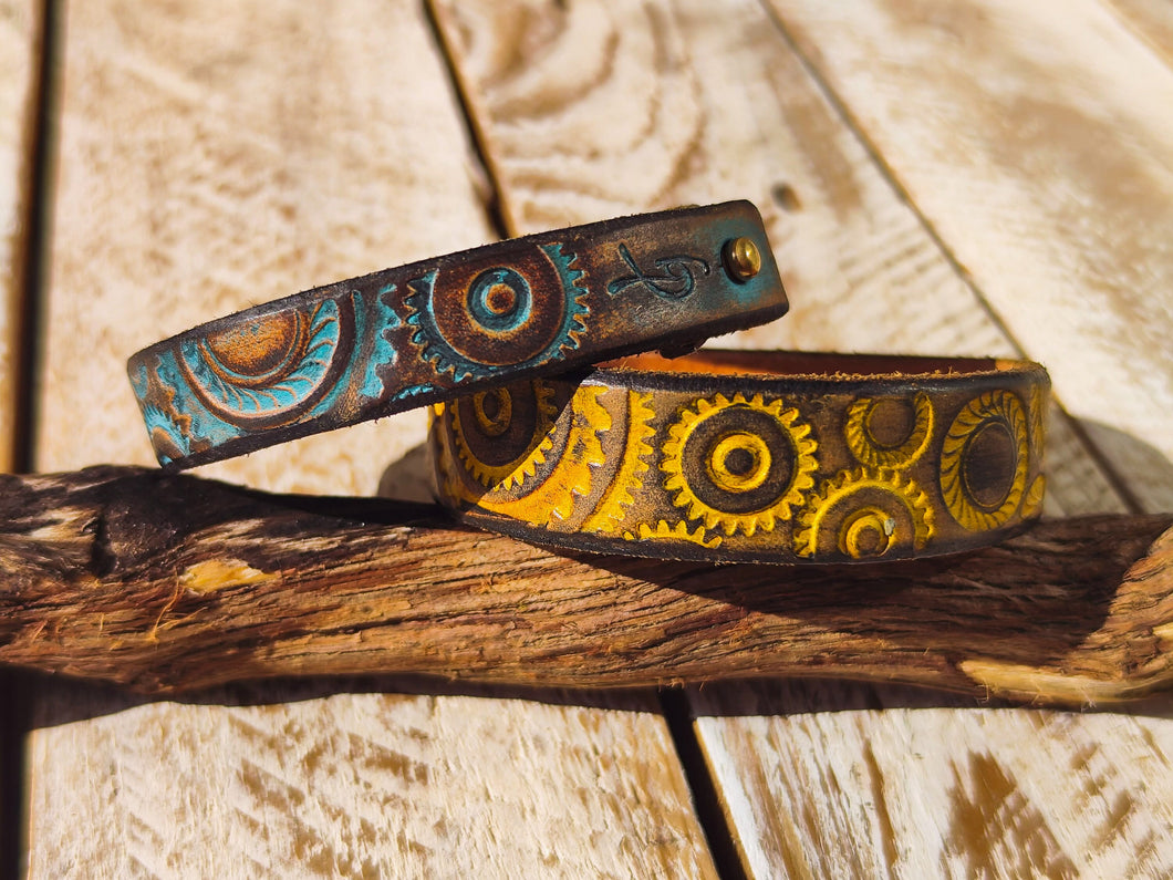 Handcrafted Leather Steampunk Bracelet with 15cm Motorcycle Gear Design in Brown and Turquoise by ISHAOR