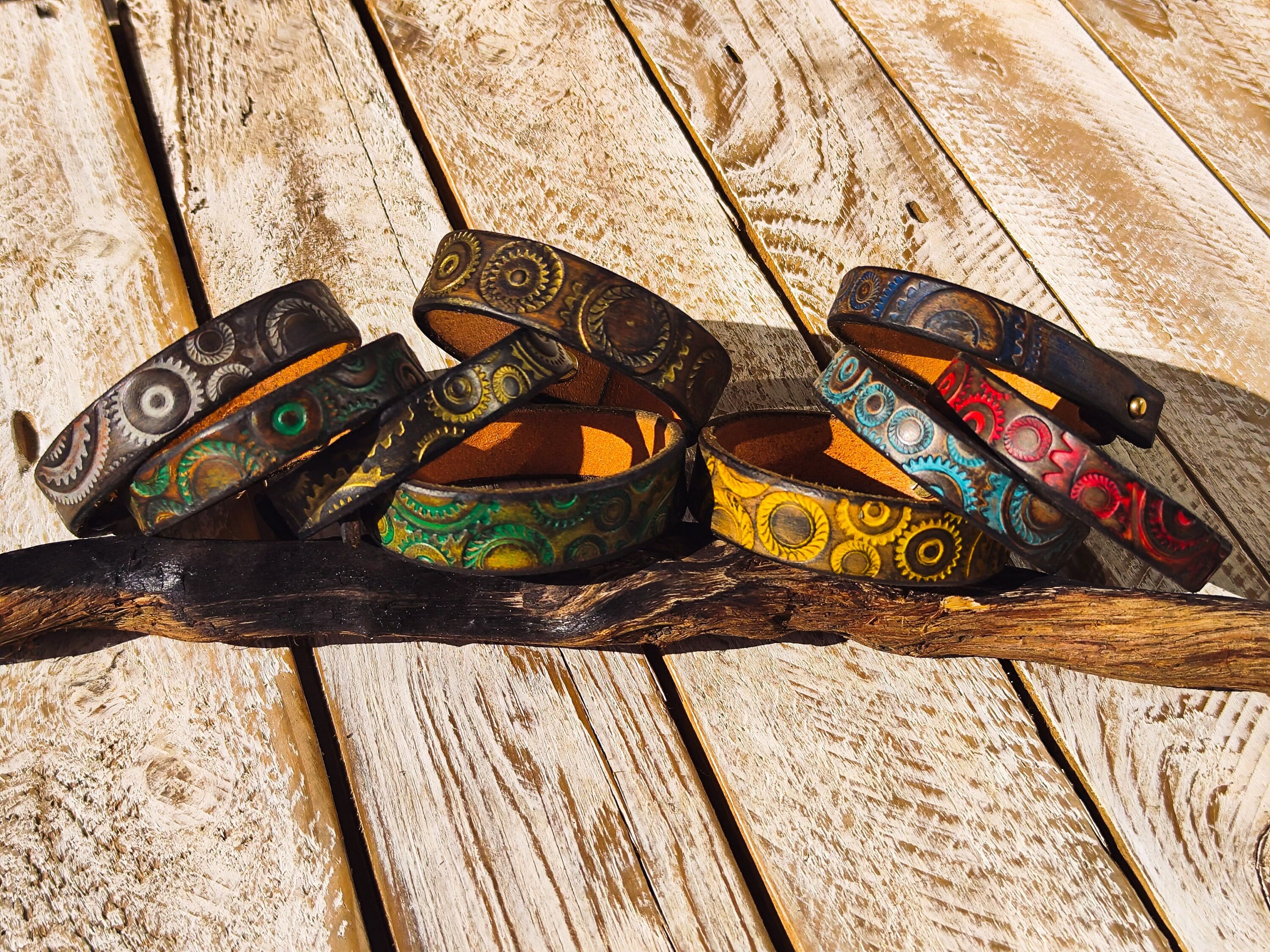 Handcrafted Leather Steampunk Bracelet with 15cm Motorcycle Gear Design in Brown and Turquoise by ISHAOR