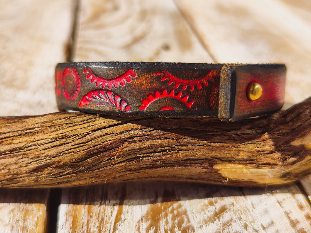Handcrafted Steampunk Leather Bracelet - 15cm Black Red Motorcycle Gear by ISHAOR