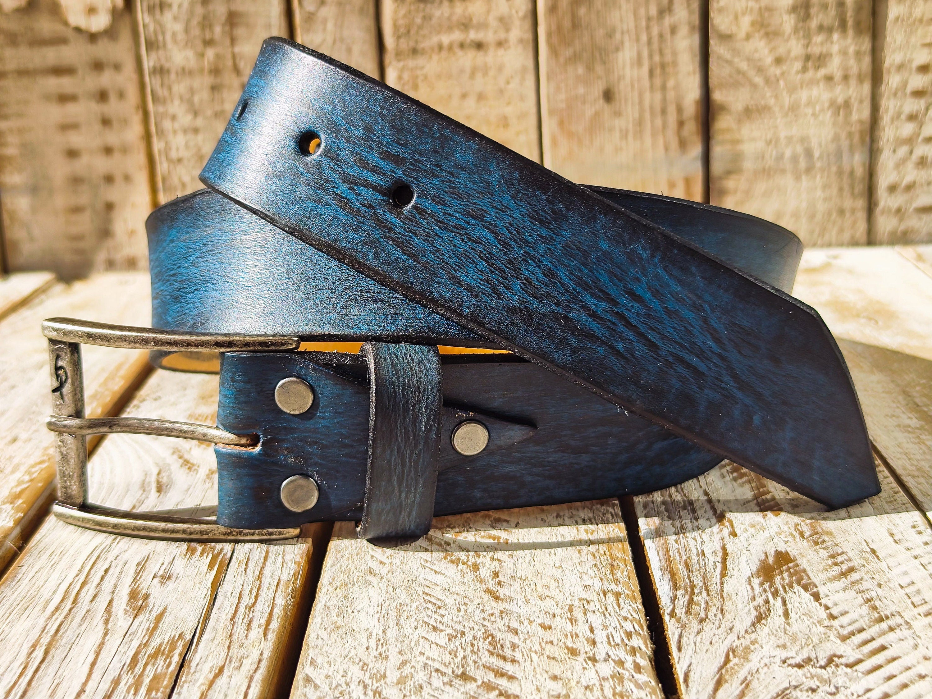 Handmade Blue  Black Leather Belt - 42cm Width Perfect for Jeans - Traditional Craftsmanship by Ishaor