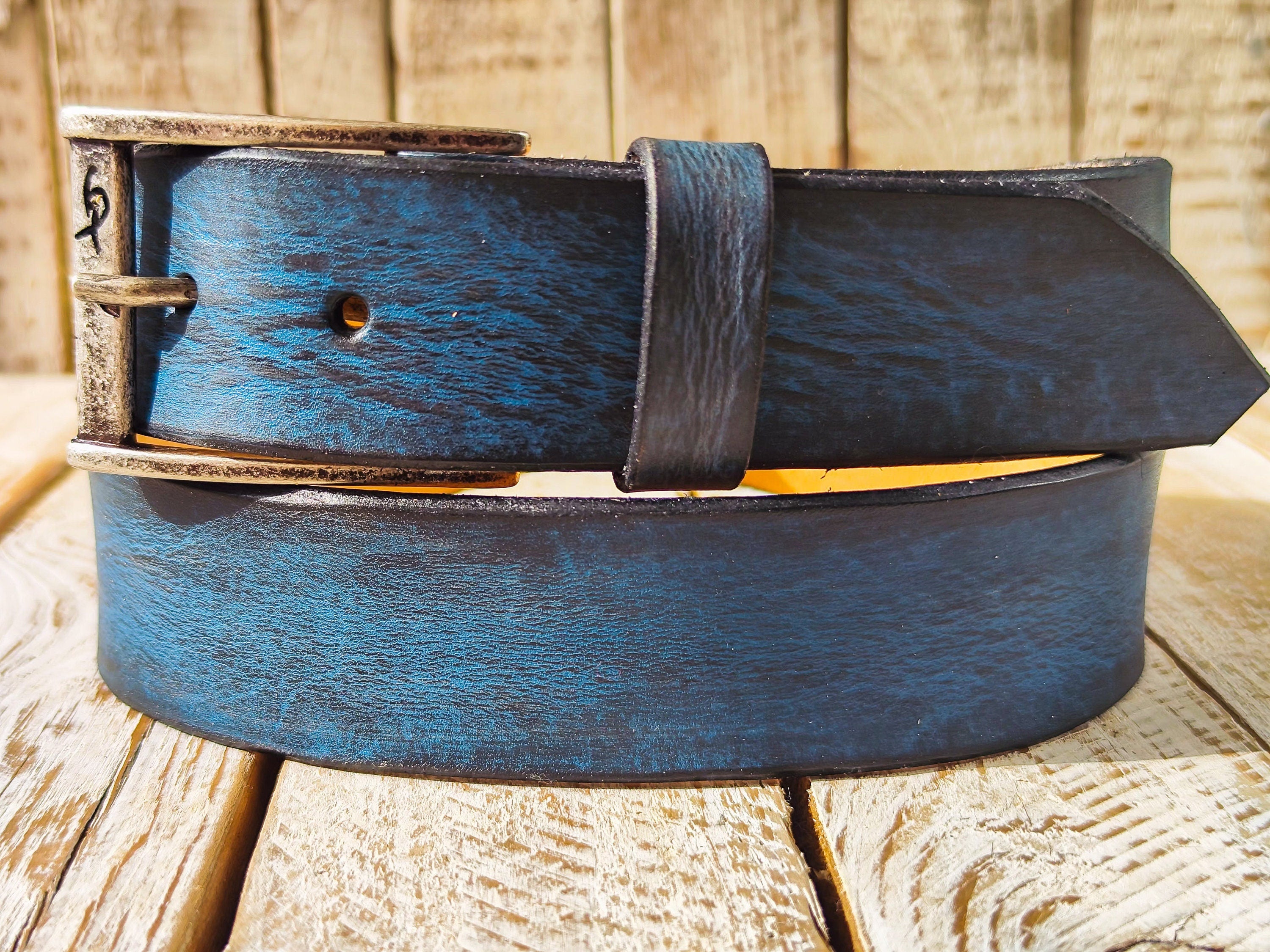 Handmade Blue  Black Leather Belt - 42cm Width Perfect for Jeans - Traditional Craftsmanship by Ishaor