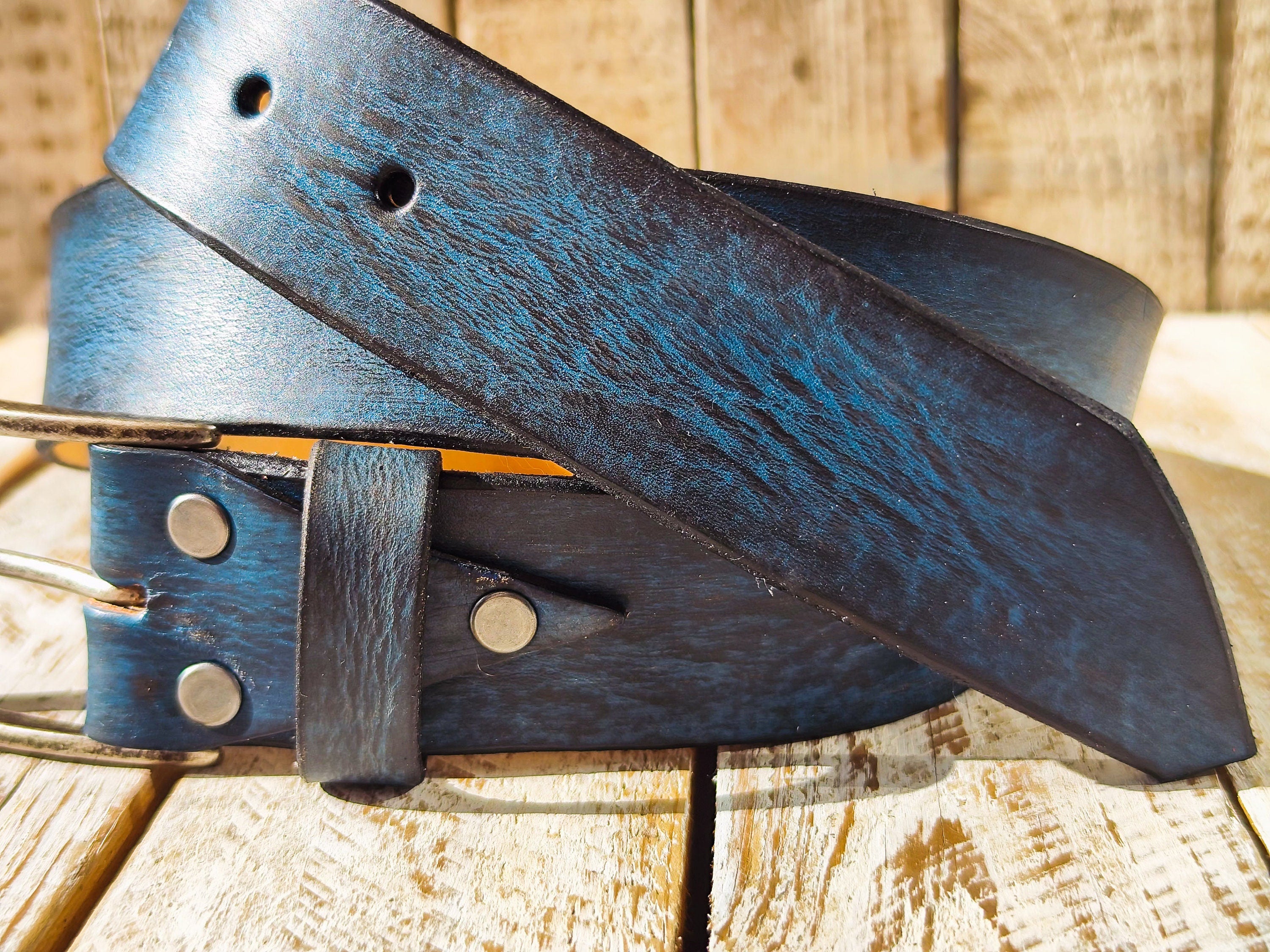 Handmade Blue  Black Leather Belt - 42cm Width Perfect for Jeans - Traditional Craftsmanship by Ishaor