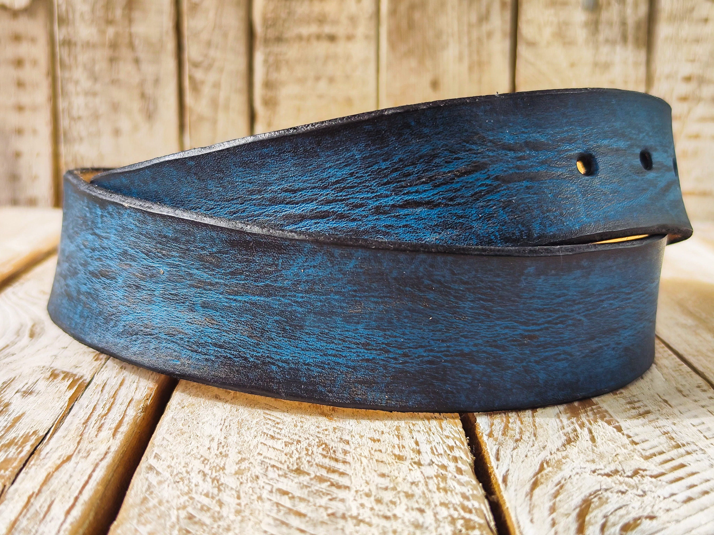 Handmade Blue  Black Leather Belt - 42cm Width Perfect for Jeans - Traditional Craftsmanship by Ishaor