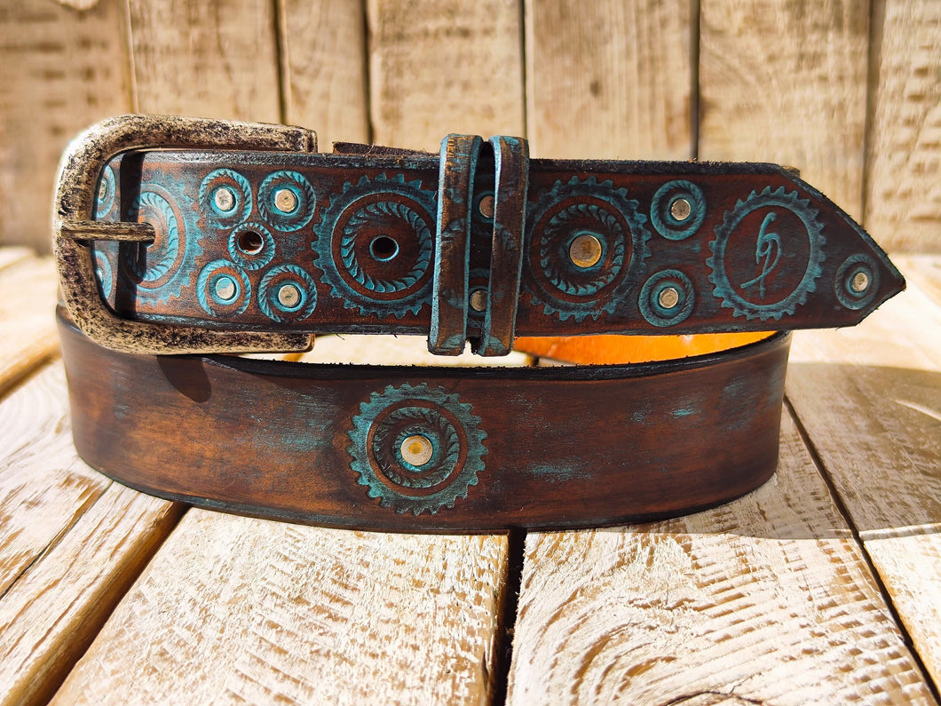 Unique Handmade Leather Belt with Turquoise Motorcycle Gear Design - 36cm Ishaor