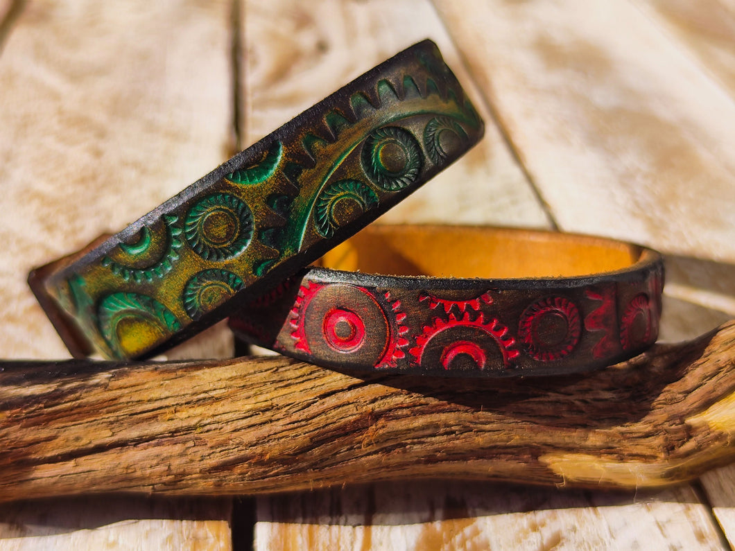 Handcrafted Steampunk Leather Bracelet - 15cm Black Red Motorcycle Gear by ISHAOR