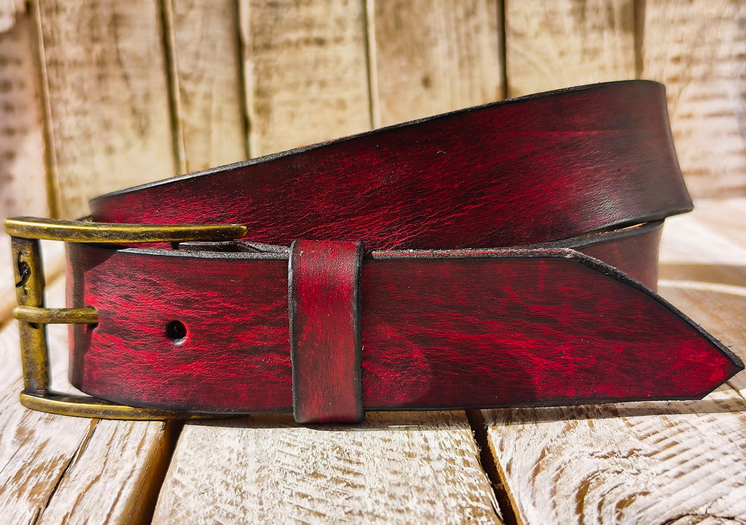Handcrafted Red Leather Belt with Black Wash - Unique Artisanal Design by ISHAOR
