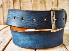 Handmade Blue  Black Leather Belt - 42cm Width Perfect for Jeans - Traditional Craftsmanship by Ishaor
