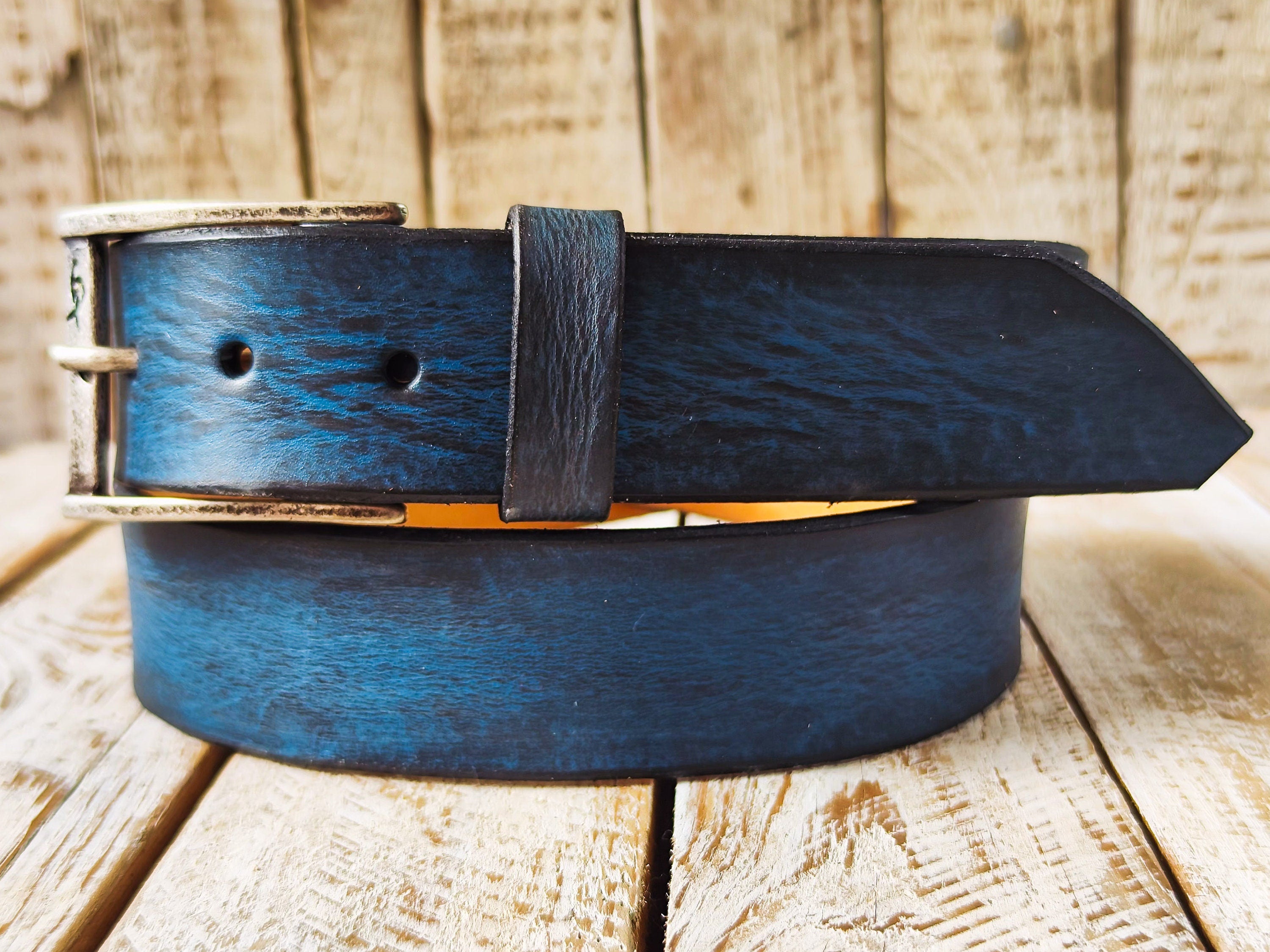 Handmade Blue  Black Leather Belt - 42cm Width Perfect for Jeans - Traditional Craftsmanship by Ishaor