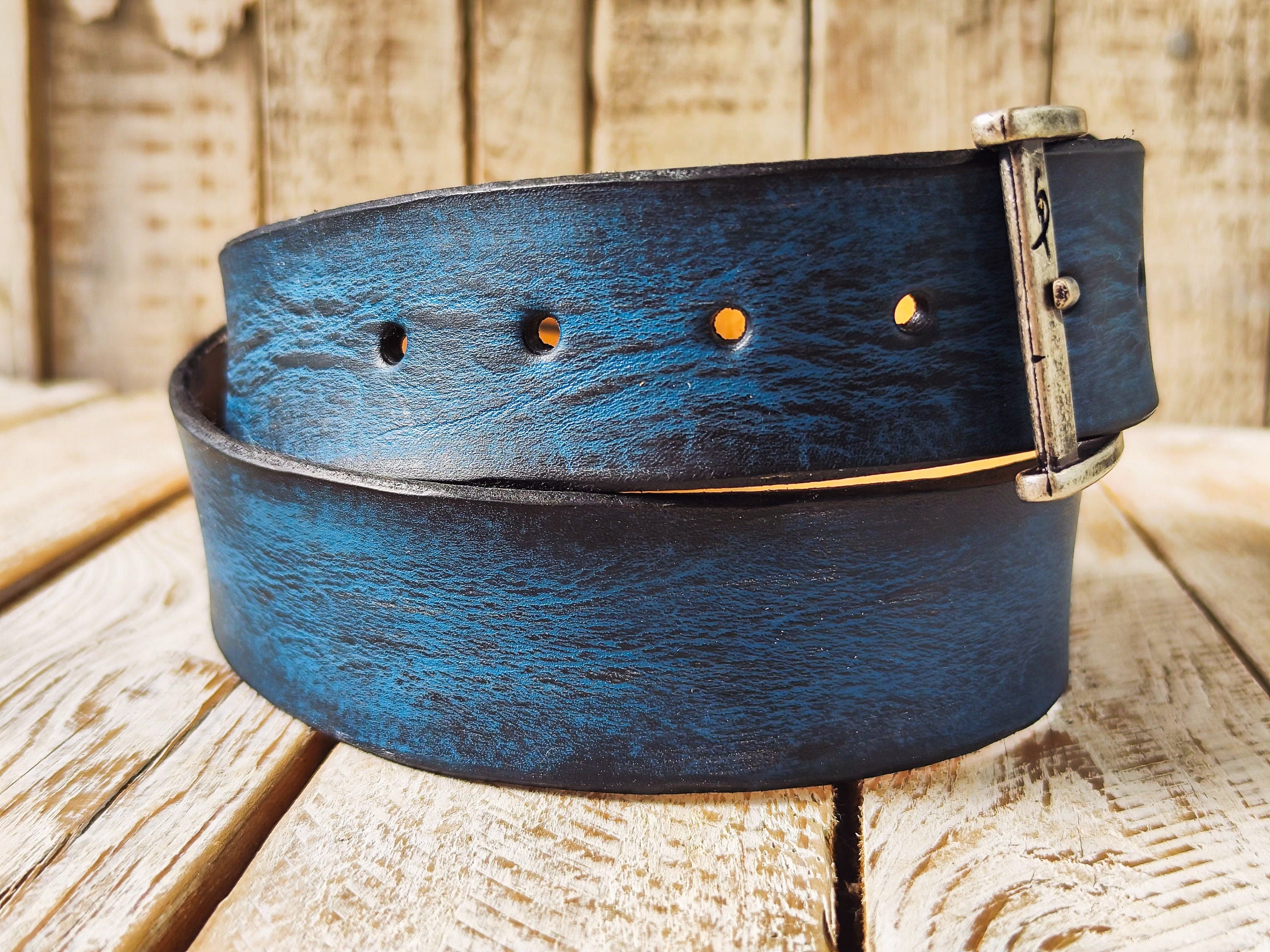 Handmade Blue  Black Leather Belt - 42cm Width Perfect for Jeans - Traditional Craftsmanship by Ishaor
