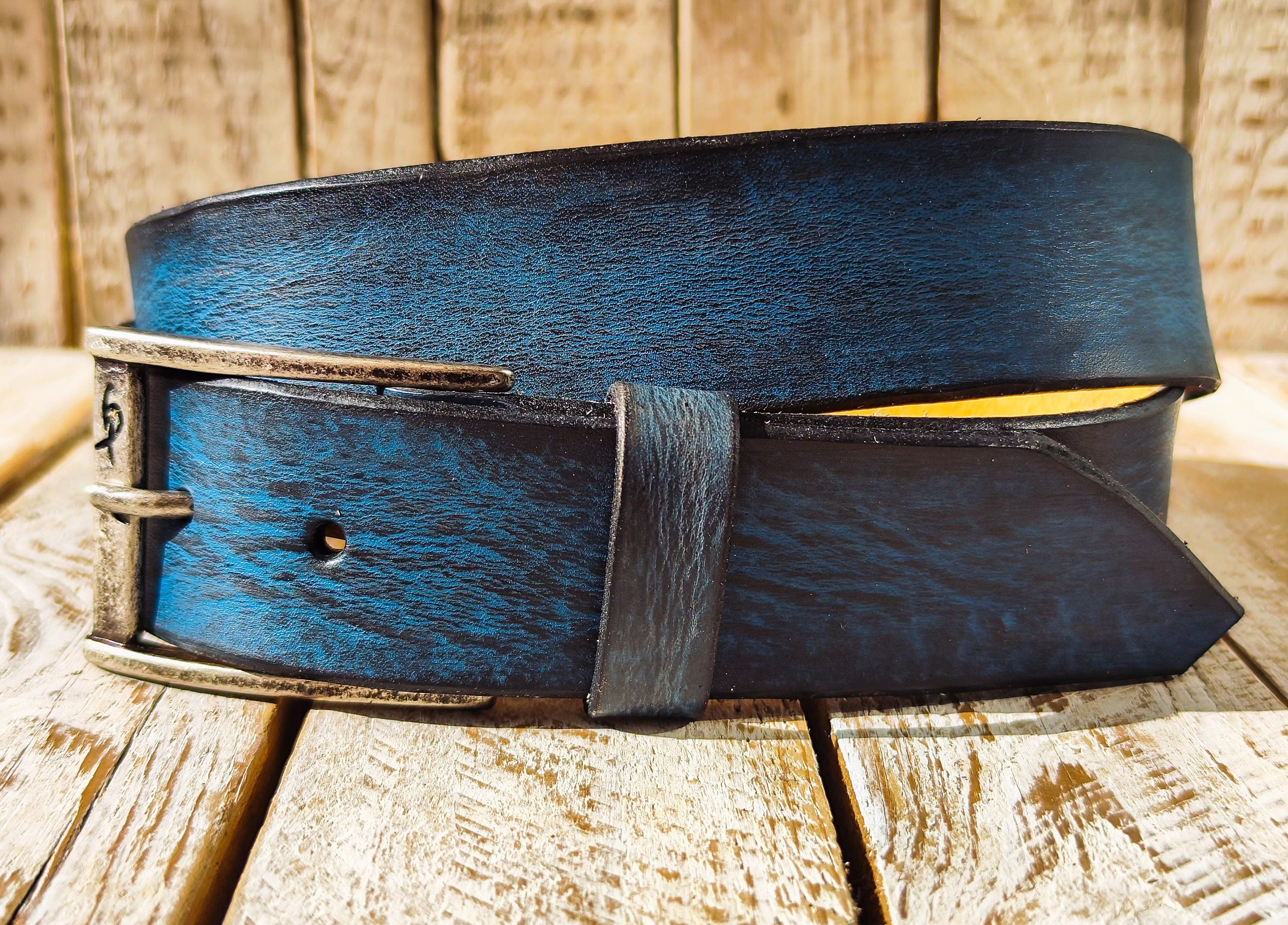 Handmade Blue  Black Leather Belt - 42cm Width Perfect for Jeans - Traditional Craftsmanship by Ishaor