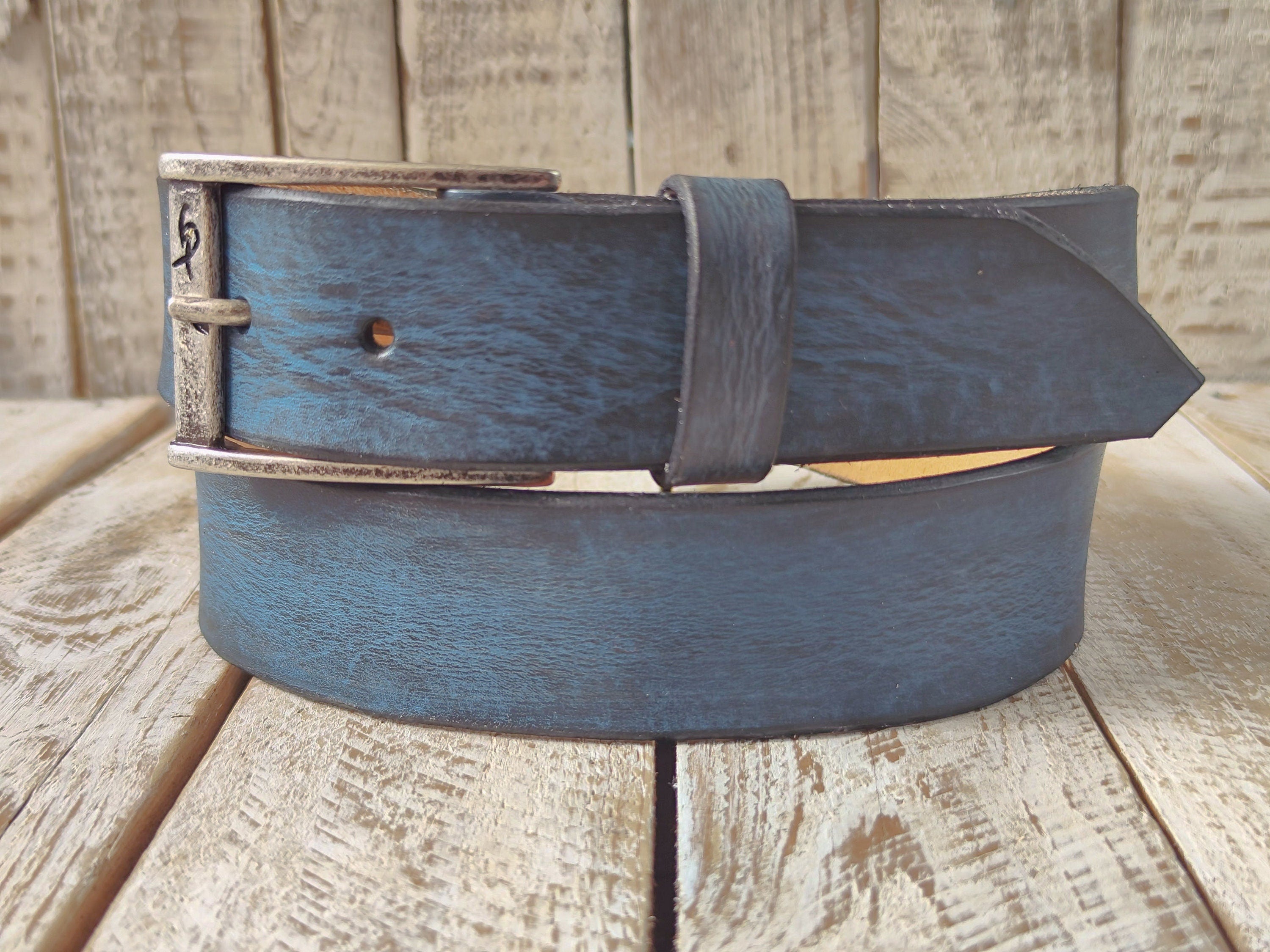 Handmade Blue  Black Leather Belt - 42cm Width Perfect for Jeans - Traditional Craftsmanship by Ishaor