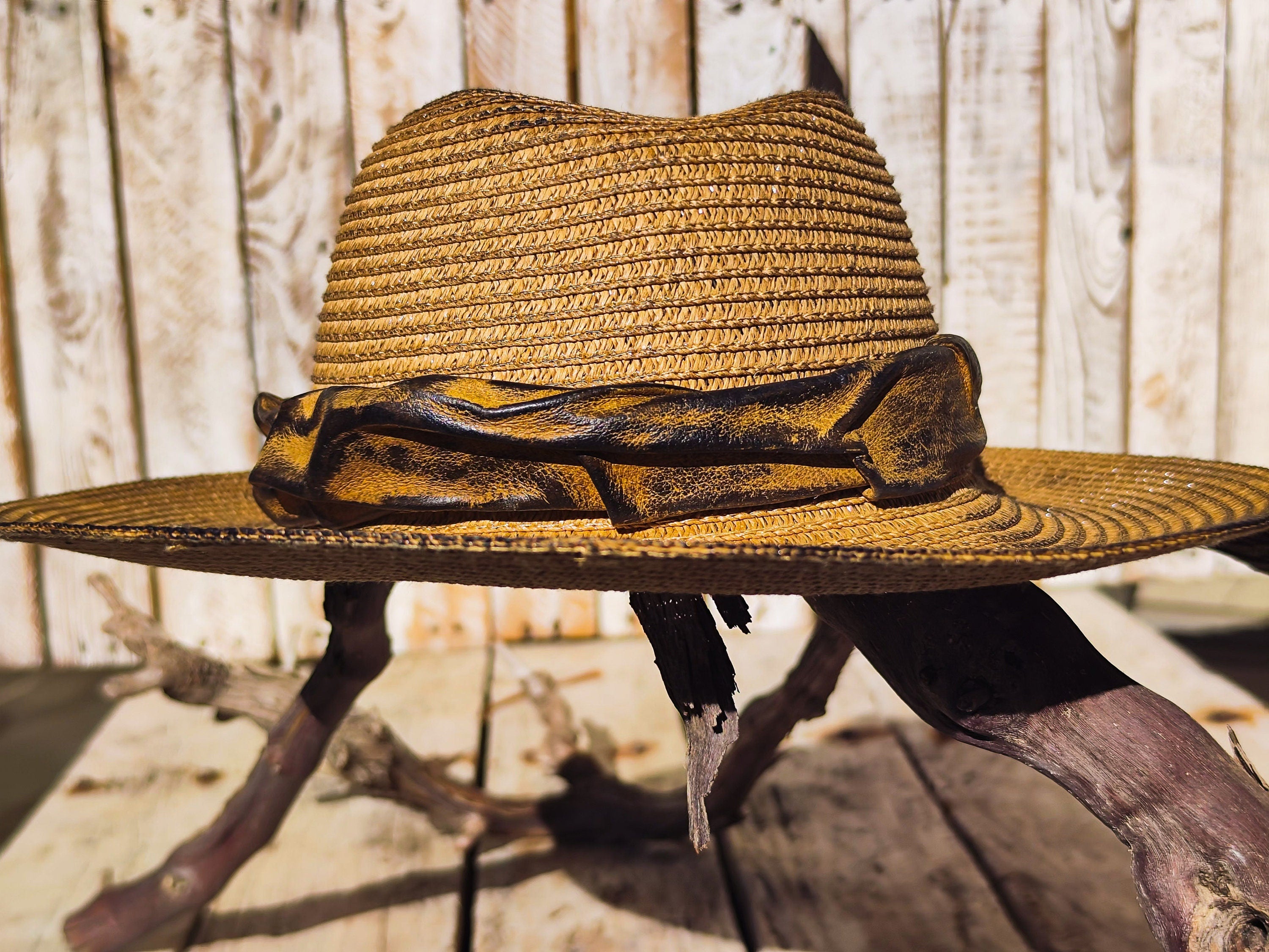 Handmade Straw Hat with Leather Band Removable Peacock Feather - Unique Artistic Design