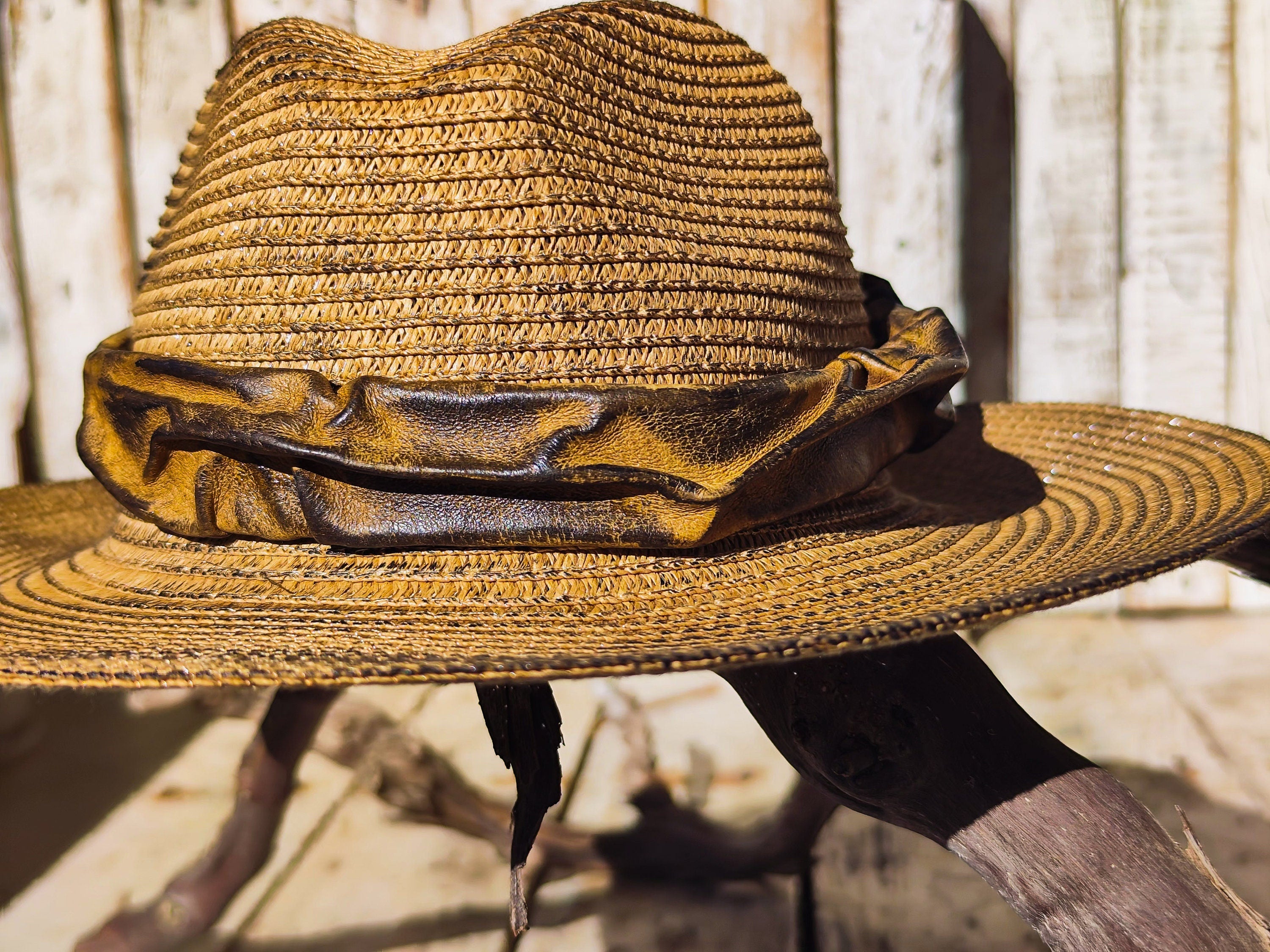 Handmade Straw Hat with Leather Band Removable Peacock Feather - Unique Artistic Design