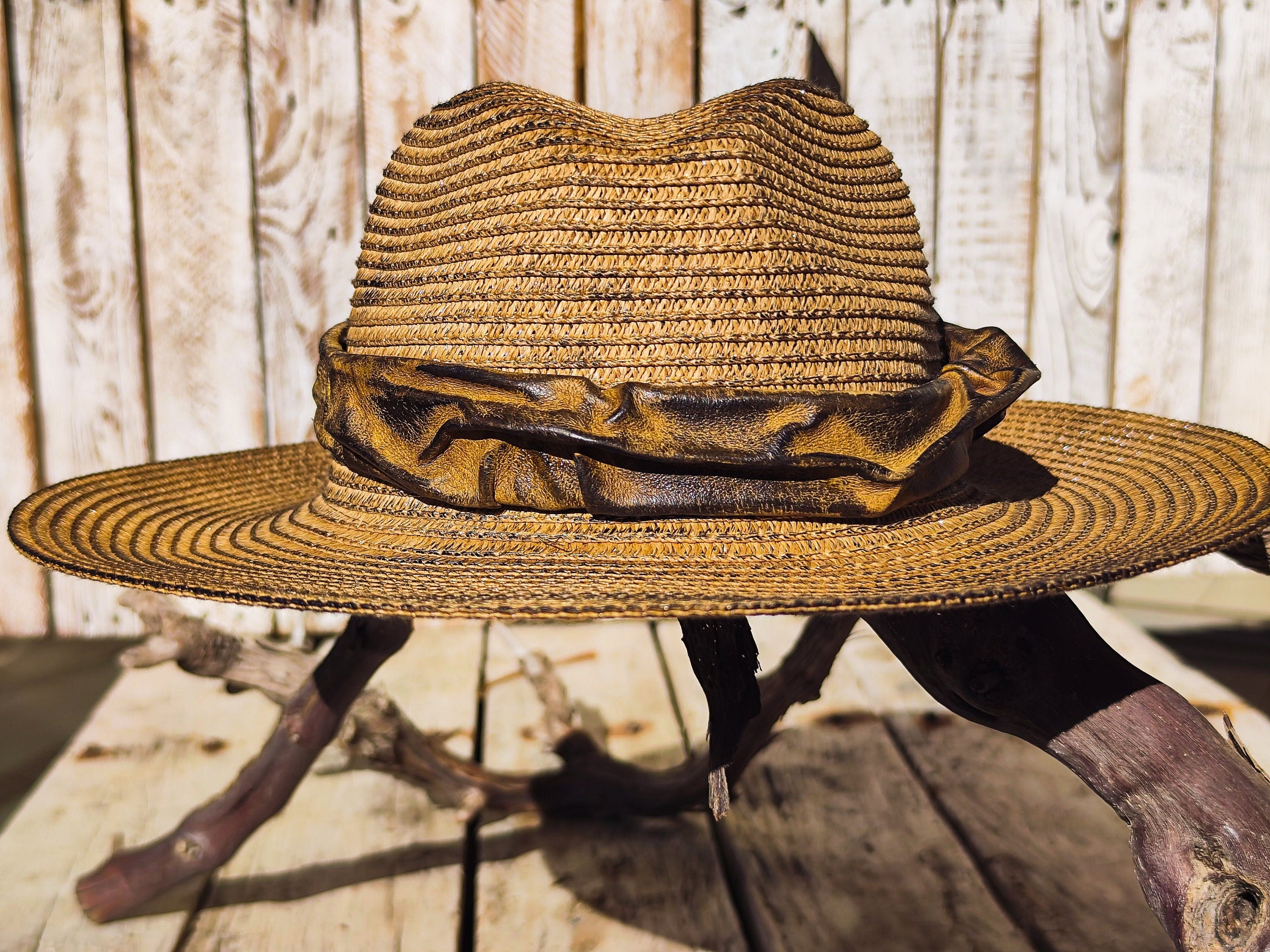 Handmade Straw Hat with Leather Band Removable Peacock Feather - Unique Artistic Design