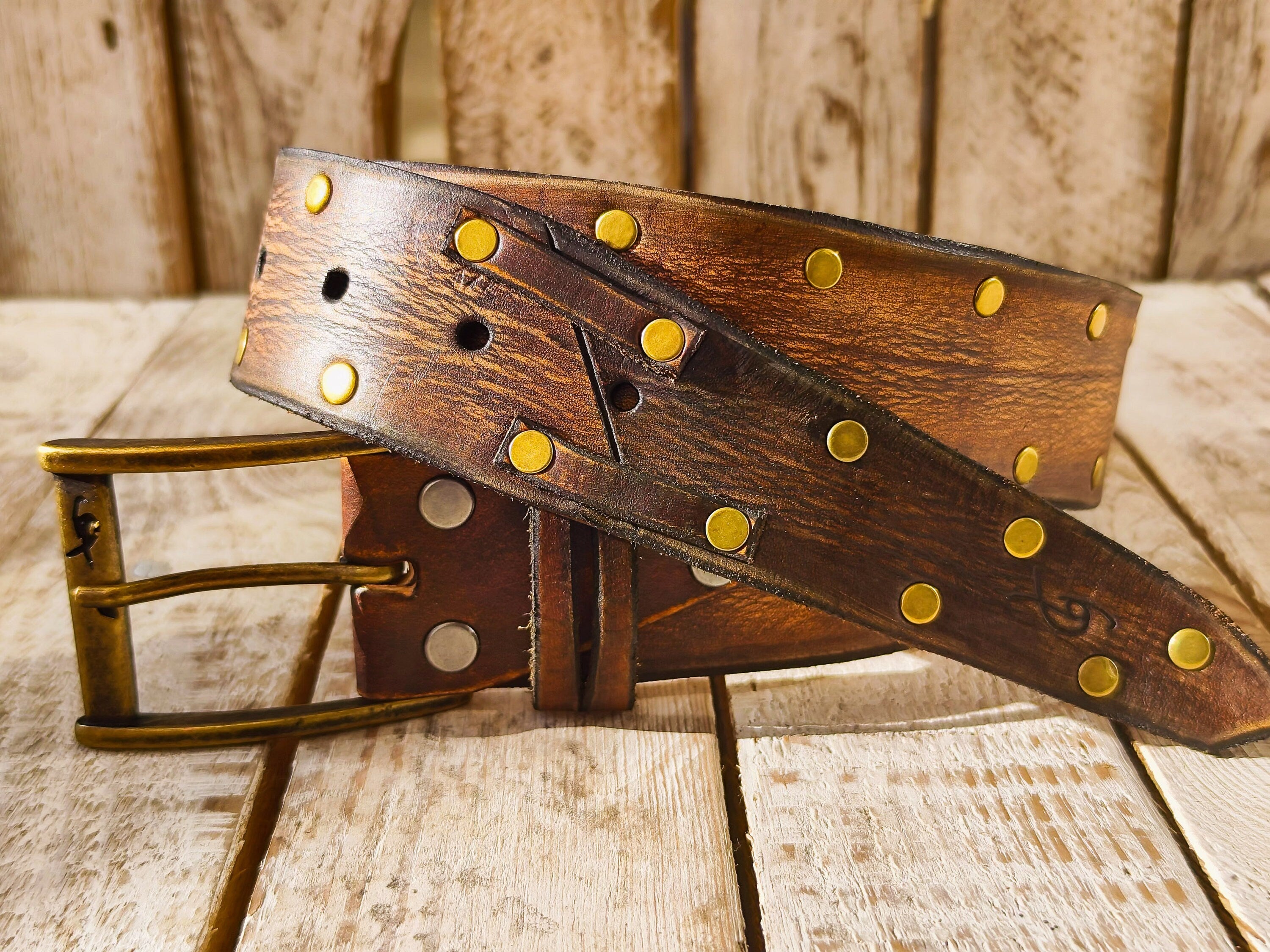Handmade Brown Leather Belt with Blackened Gold Rivets - Perfect for Guitar Lovers with Guitar Pick Holder