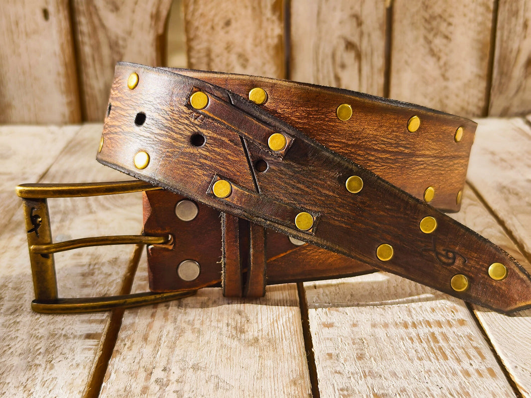 Handmade Brown Leather Belt with Blackened Gold Rivets and Guitar Pick Holder - Perfect for Guitar Enthusiasts