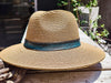 Handmade Straw Hat with Turquoise and Brown Leather Strap - Personalizable Beige Summer Hat