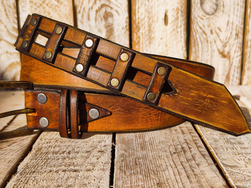 Handmade Brown Leather Belt - Unique Square Cut Design by Ishaor, 3.6 cm