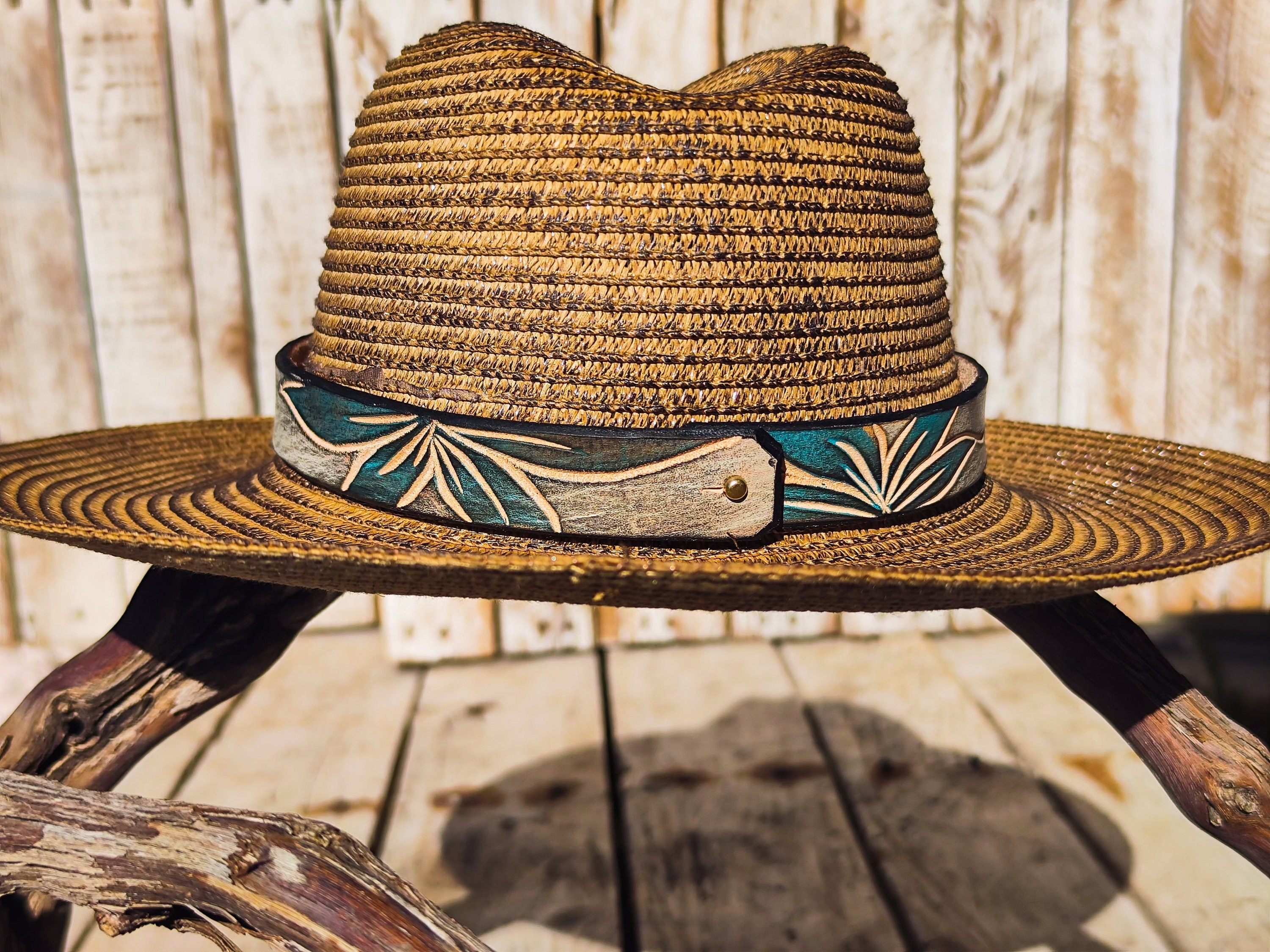 Handcrafted Boho Straw Hat with Turquoise Flower Vintage Leather Band - Unique Design