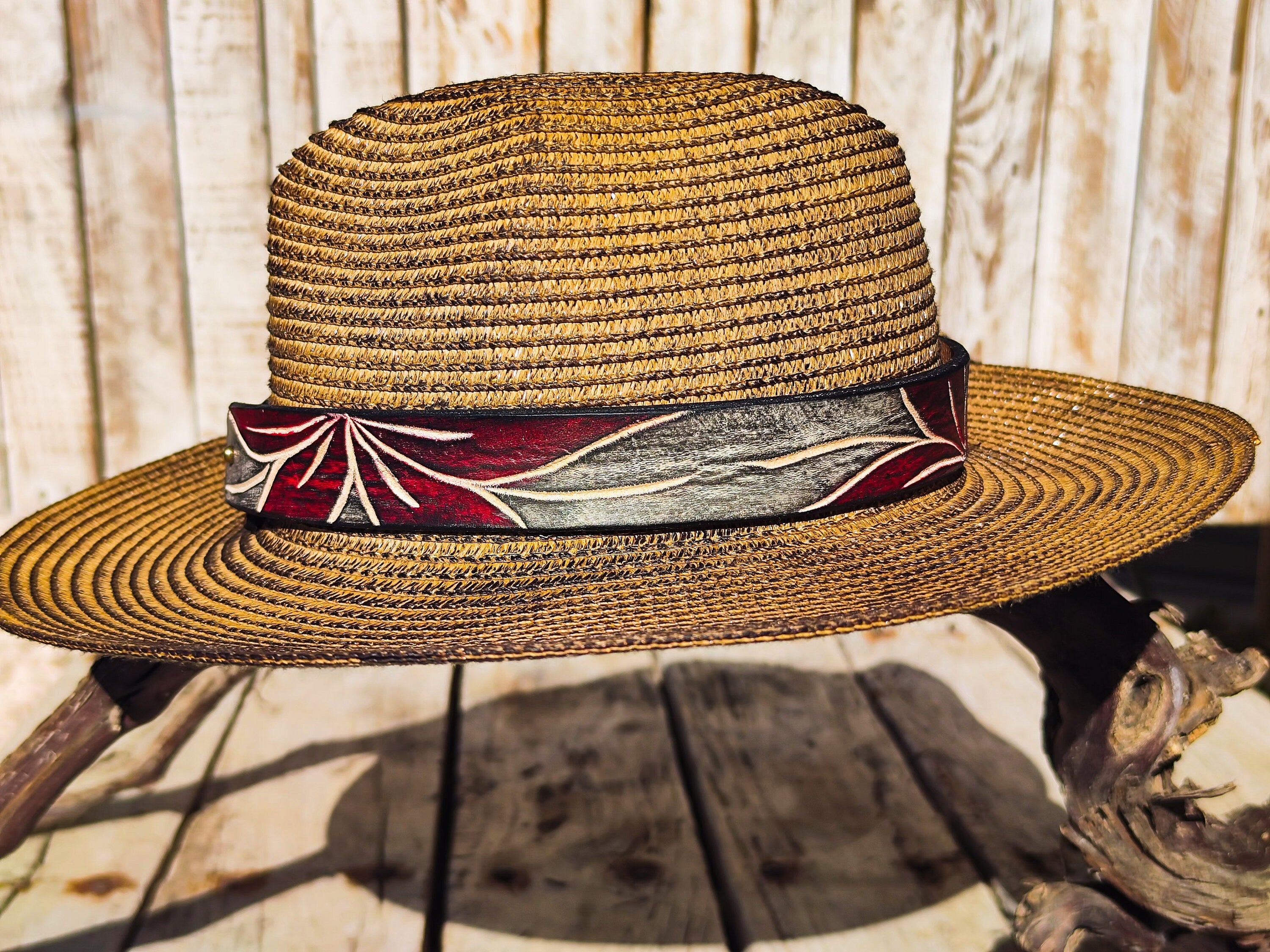 Handcrafted Boho-Chic Straw Hat with Red Flower Brown Leather Band Unique Design