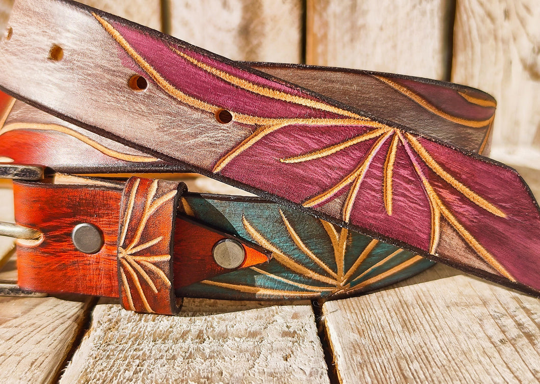Handmade Leather Belt with Turquoise, Purple & Orange Floral Carvings on White Background with Black Wash - 3.2cm