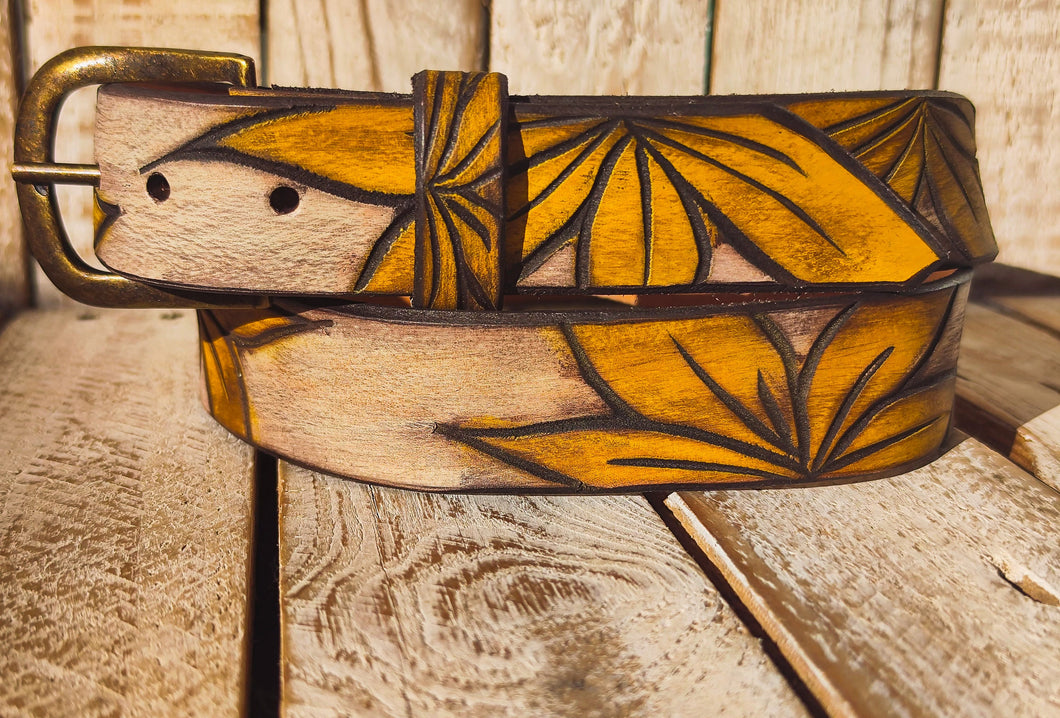 Handmade Leather Belt with yellow Flower Carvings - Unique White Leather Belt with Brown Wash and Lines - Custom Vintage Texture by ISHAOR